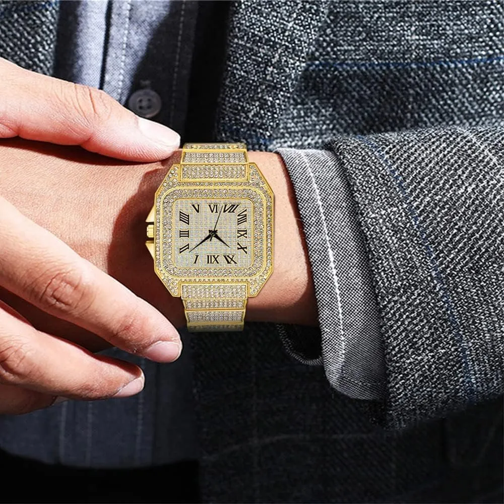Apzzic Diamond Watch Iced Out CZ Cuban Link Watch Gold Plated Square Dial Quartz Wristband Analog Wrist Watch for Men Women