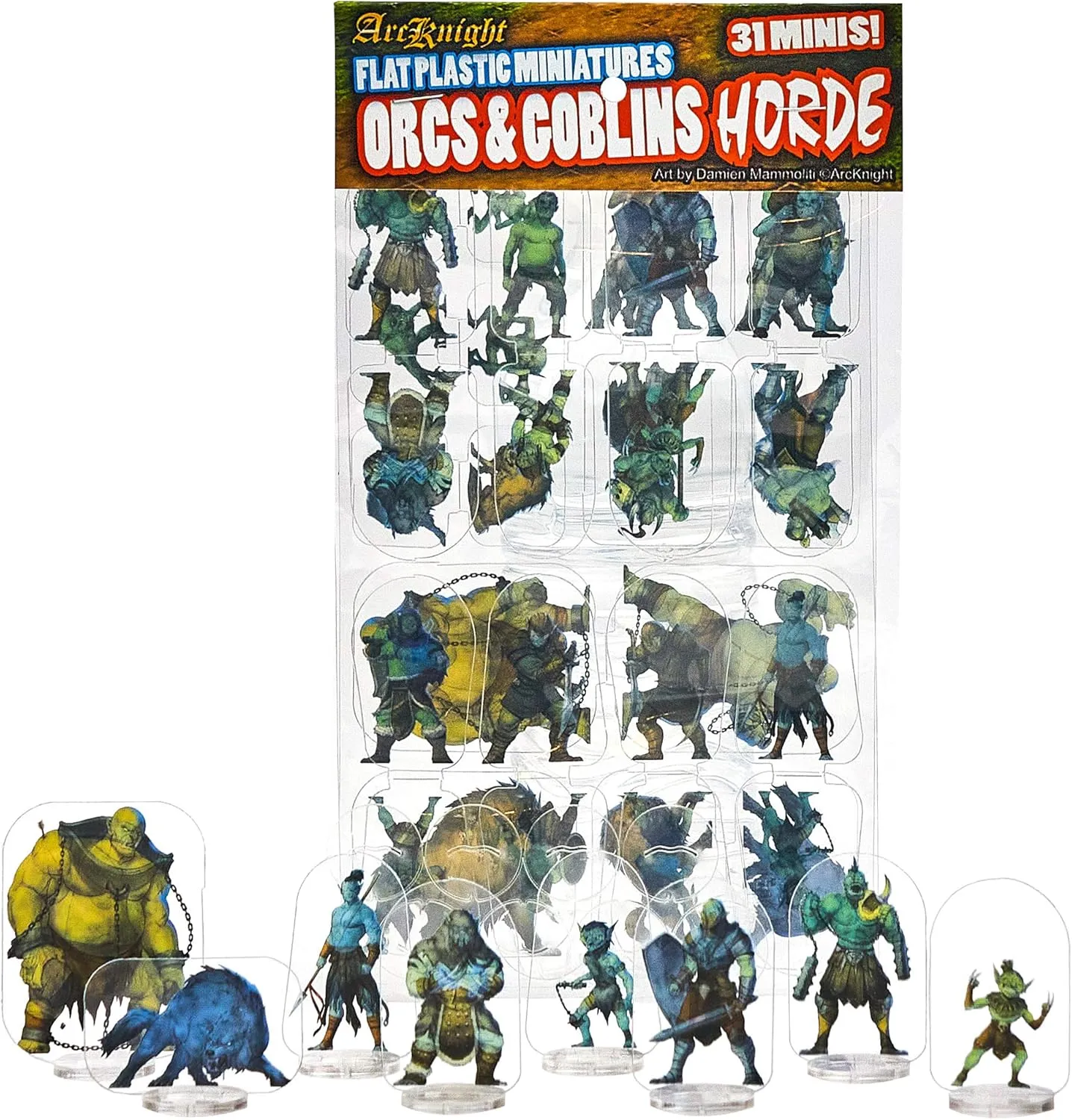 Arcknight Flat Plastic Miniatures: Orcs and Goblins HORDE; 31 Unique Goblinoid-Themed Enemy Minis for DnD 5e and Pathfinder; Affordable, Skinny Figurines for Dungeons and Dragons and other TRRPG games