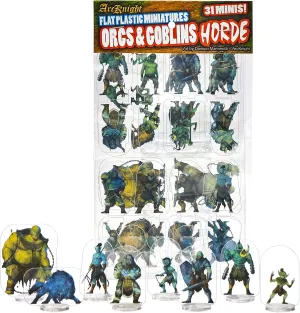 Arcknight Flat Plastic Miniatures: Orcs and Goblins HORDE; 31 Unique Goblinoid-Themed Enemy Minis for DnD 5e and Pathfinder; Affordable, Skinny Figurines for Dungeons and Dragons and other TRRPG games