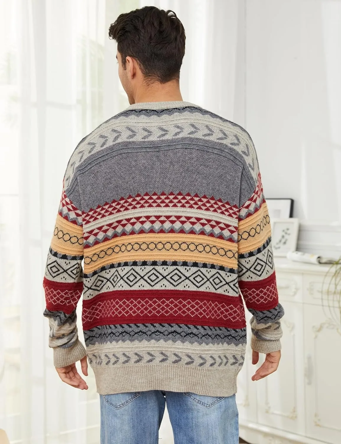 Arssm Mens Vintage Sweater Grandpa Oversized Cable Knit Crewneck Pullovers Casual Long Sleeve Striped Sweater