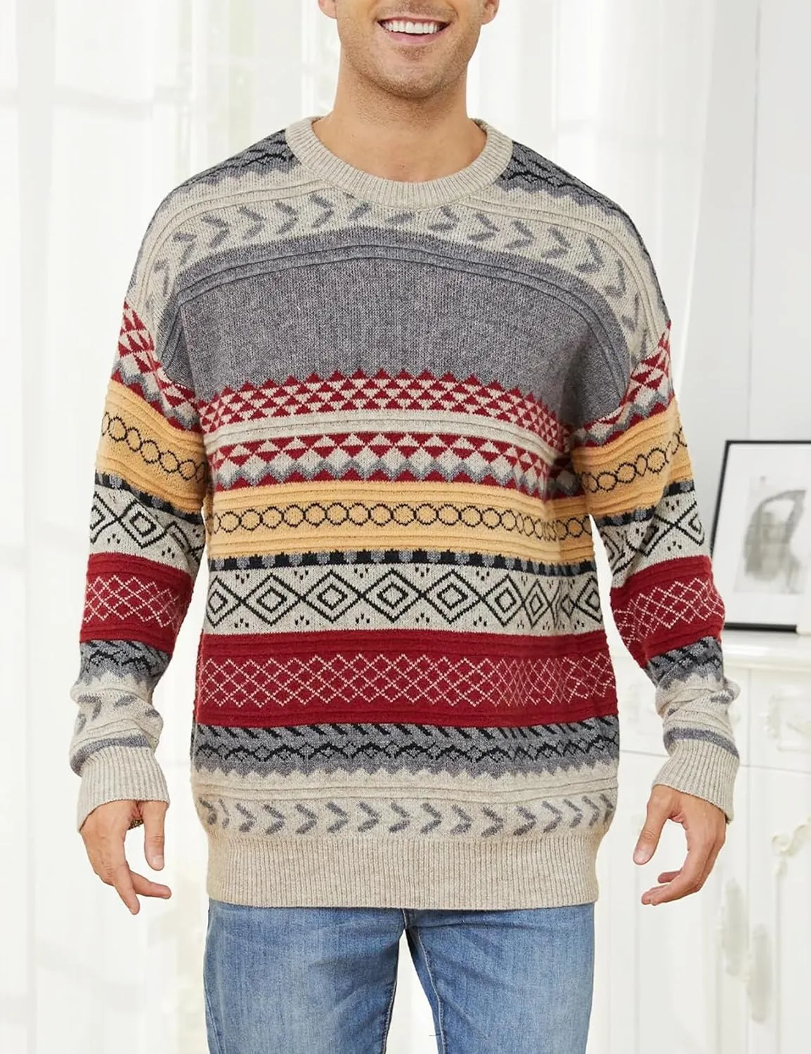 Arssm Mens Vintage Sweater Grandpa Oversized Cable Knit Crewneck Pullovers Casual Long Sleeve Striped Sweater