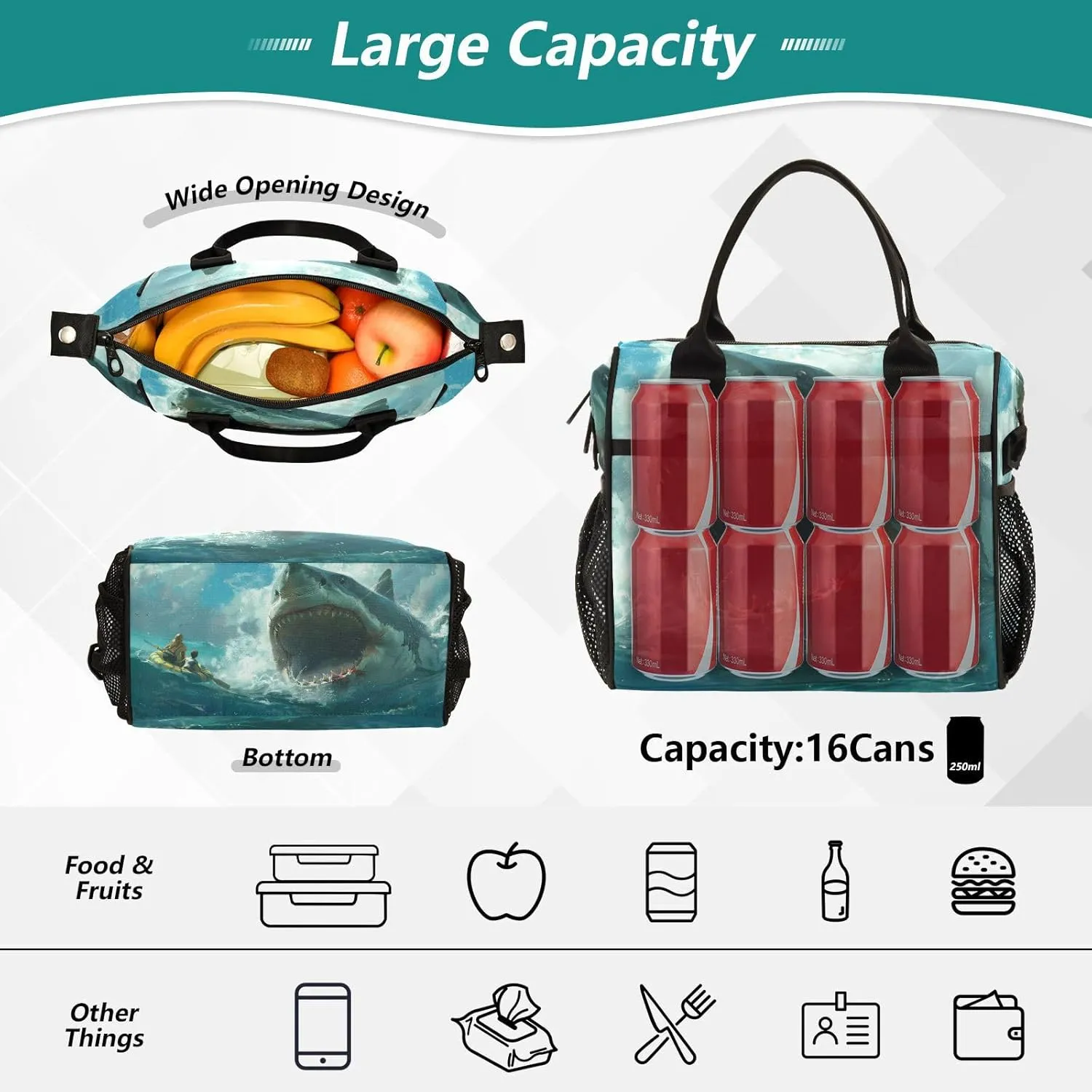 Attacking Shark Raft Family Lunch Bag Insulated Cooler Bag Tote Reusable Lunch Box for Women Men Adult Adjustable Shoulder Strap Leakproof for Work Picnic