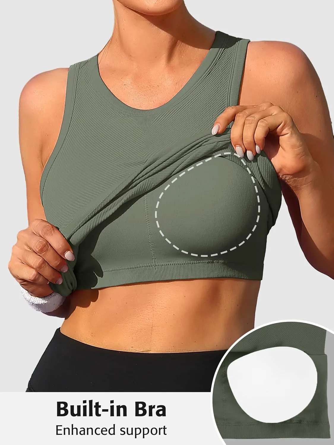 ATTRACO Workout Tank Tops for Women Seamless Full Length Gym Tops Athletic Yoga Top Built in Bra
