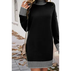 Azura Exchange Black Striped Trim Mock Neck Dropped Long Sleeve Sweater Mini Dress