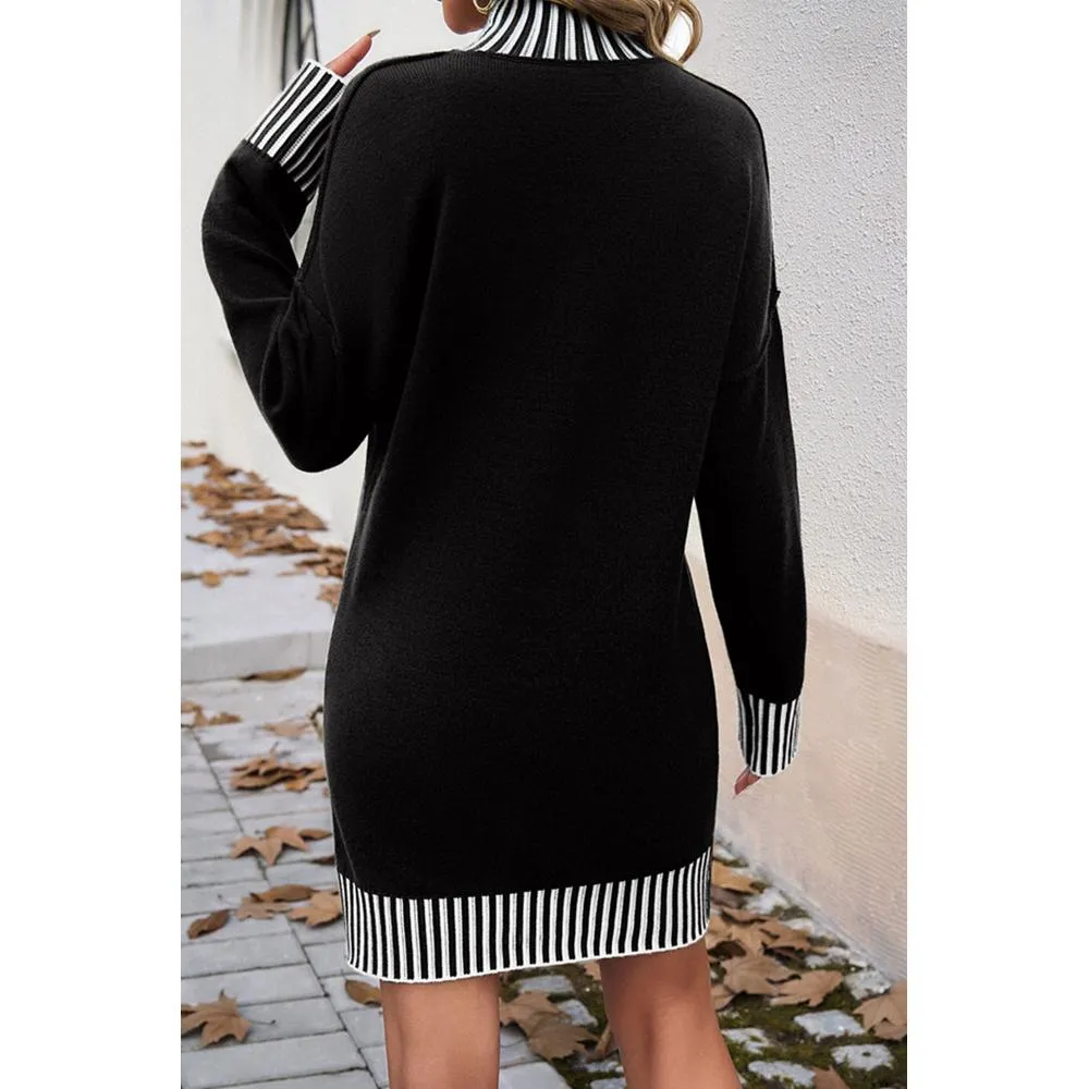Azura Exchange Black Striped Trim Mock Neck Dropped Long Sleeve Sweater Mini Dress