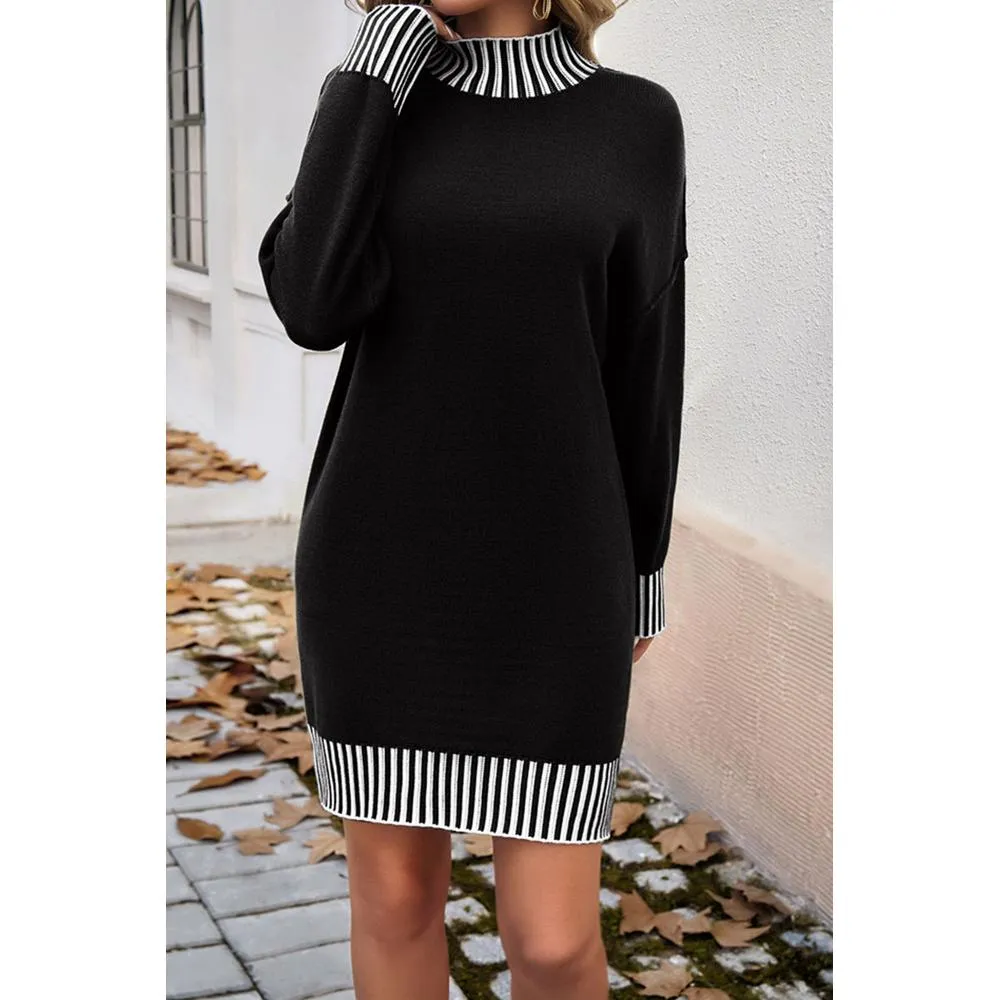Azura Exchange Black Striped Trim Mock Neck Dropped Long Sleeve Sweater Mini Dress