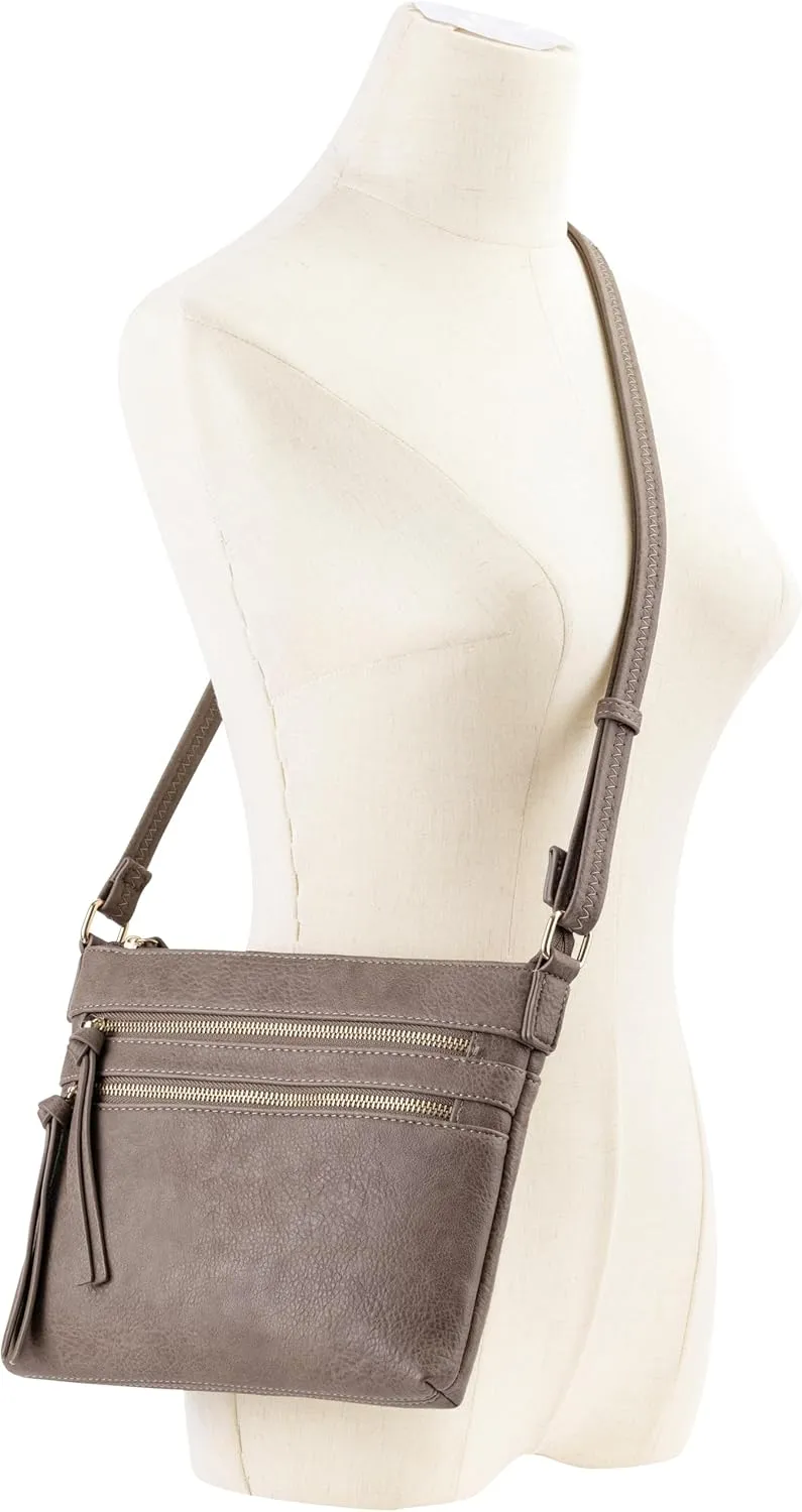 B BRENTANO Vegan Multi-Zipper Crossbody Handbag Purse with Tassel Accents