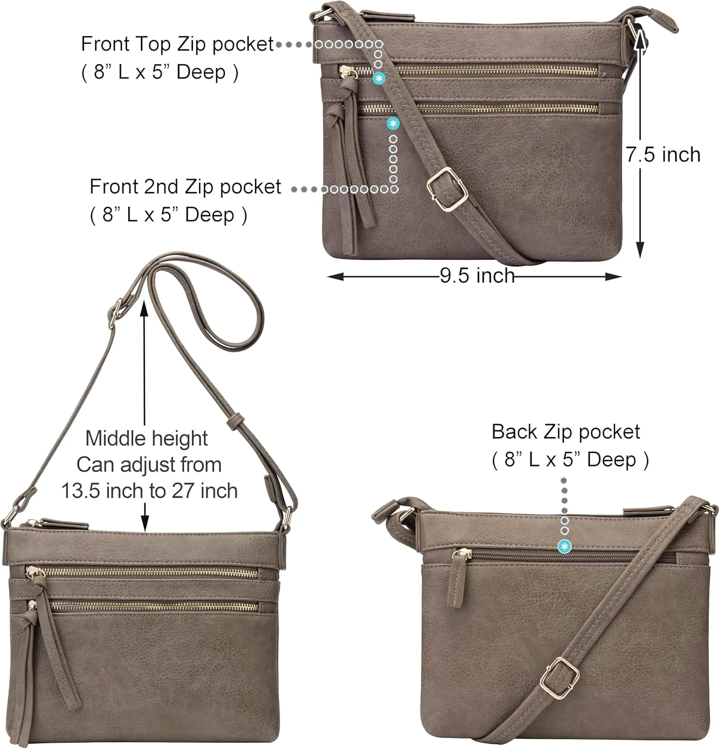B BRENTANO Vegan Multi-Zipper Crossbody Handbag Purse with Tassel Accents