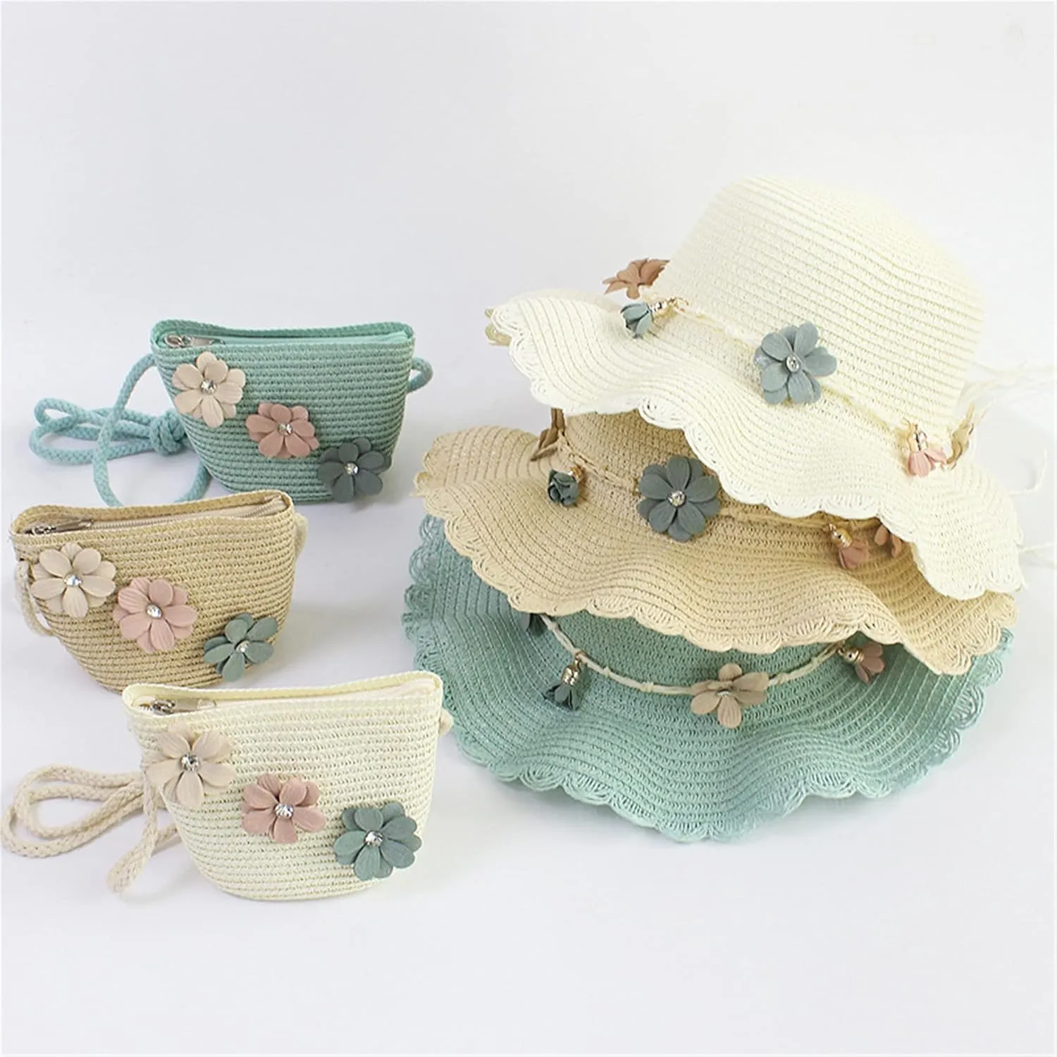 Baby Girls Flower Wide Brim Hat Sun Beach Straw Flower Hats with Cute Shoulder Bag(M1)