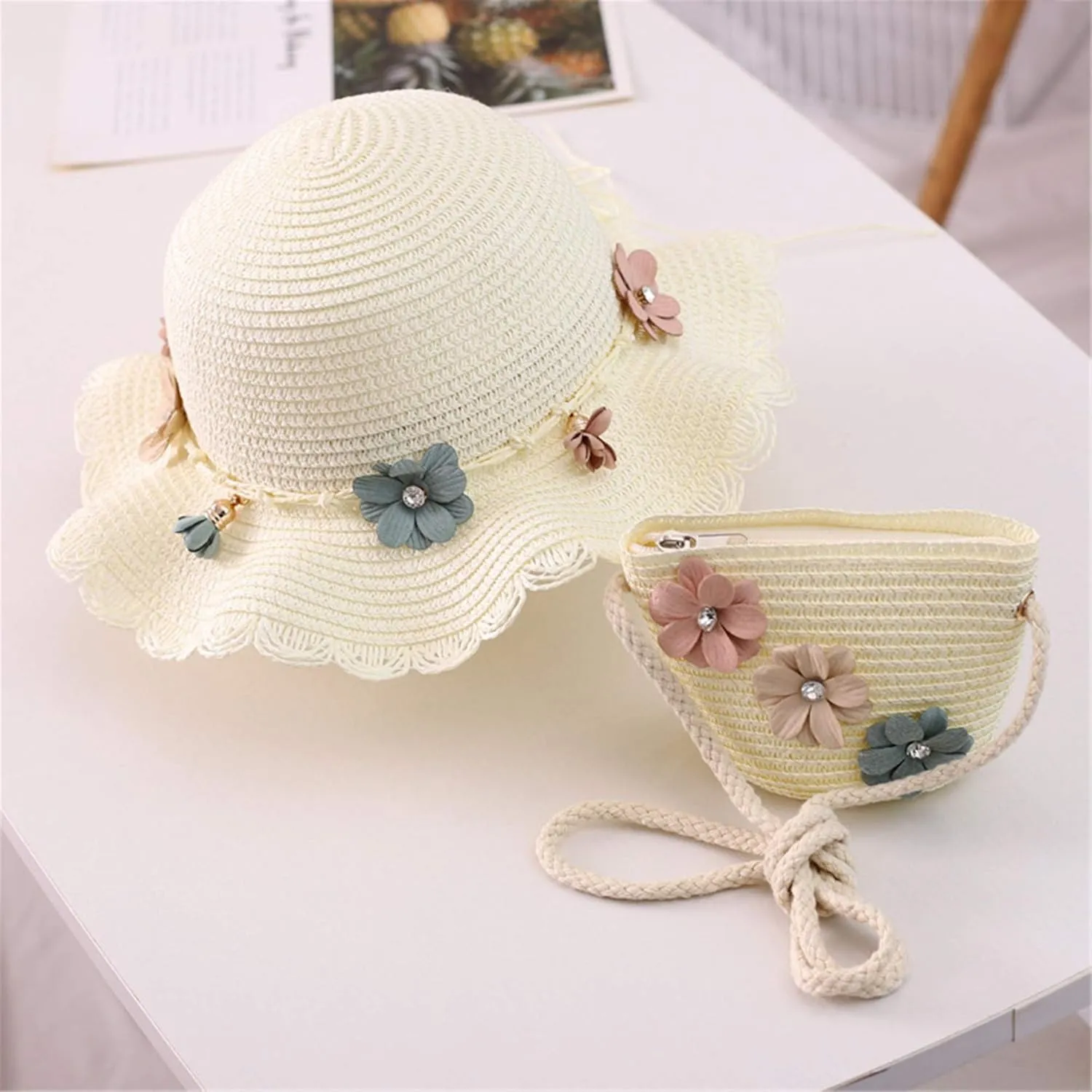 Baby Girls Flower Wide Brim Hat Sun Beach Straw Flower Hats with Cute Shoulder Bag(M1)