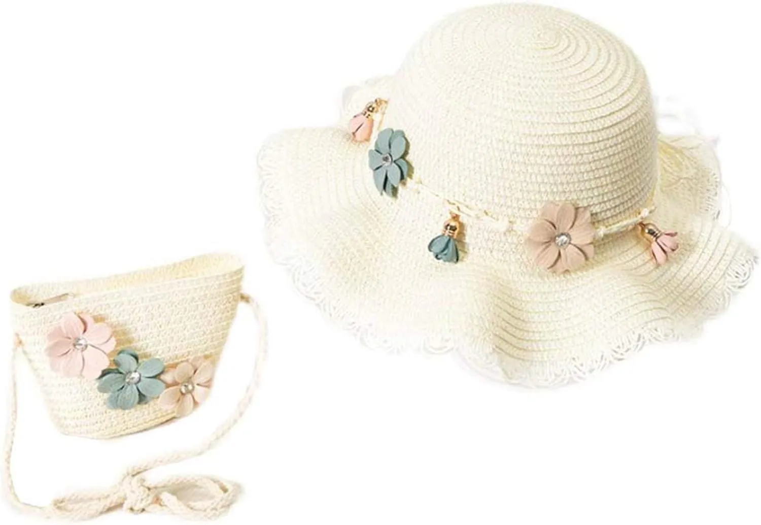 Baby Girls Flower Wide Brim Hat Sun Beach Straw Flower Hats with Cute Shoulder Bag(M1)