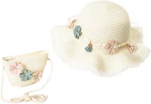 Baby Girls Flower Wide Brim Hat Sun Beach Straw Flower Hats with Cute Shoulder Bag(M1)