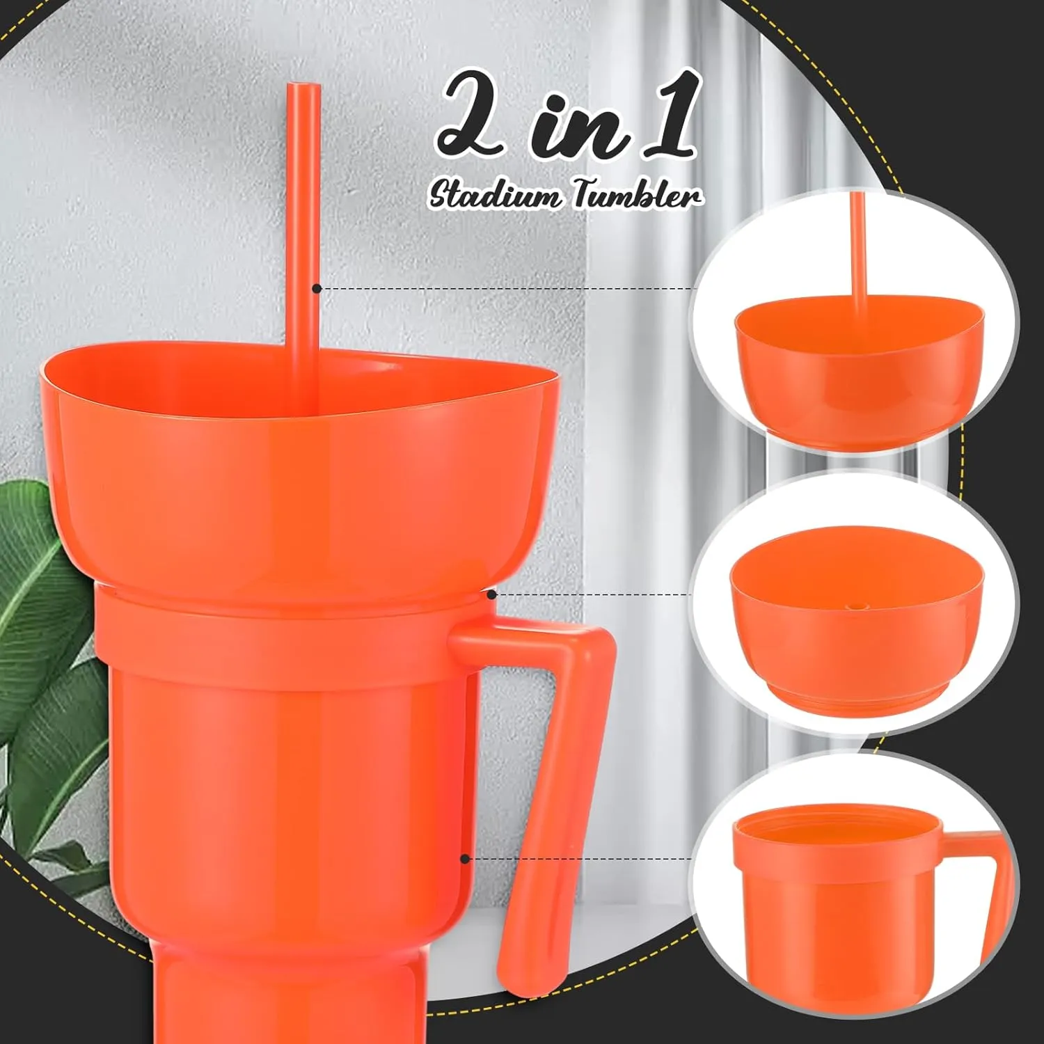 Baderke 2 Pcs Snack and Drink Cup 32 oz Stadium Tumbler with Bowl 2 in 1 Travel Cup Leak Proof Portable Reusable Snack Tumbler with Bowl on Top and Straw (Rose Red,Orange)
