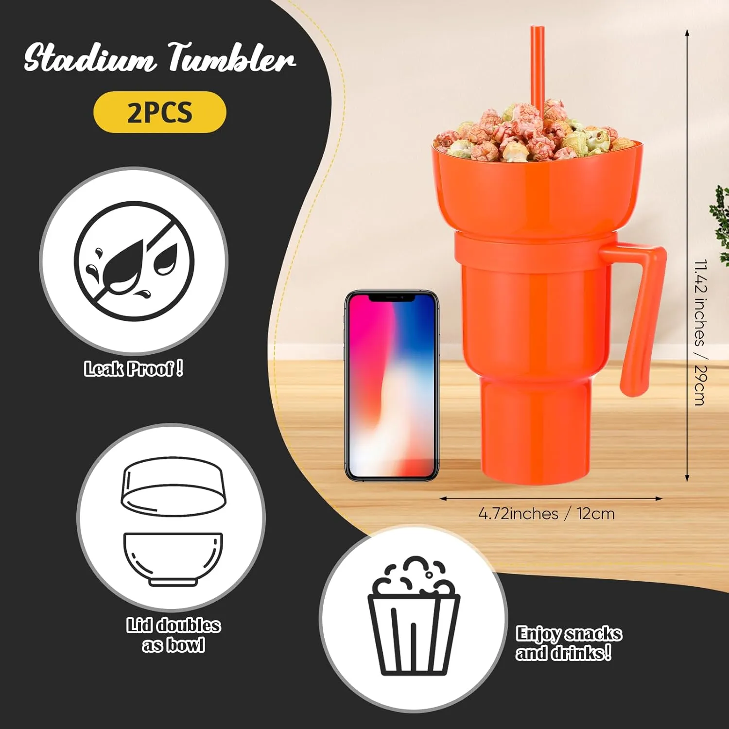 Baderke 2 Pcs Snack and Drink Cup 32 oz Stadium Tumbler with Bowl 2 in 1 Travel Cup Leak Proof Portable Reusable Snack Tumbler with Bowl on Top and Straw (Rose Red,Orange)