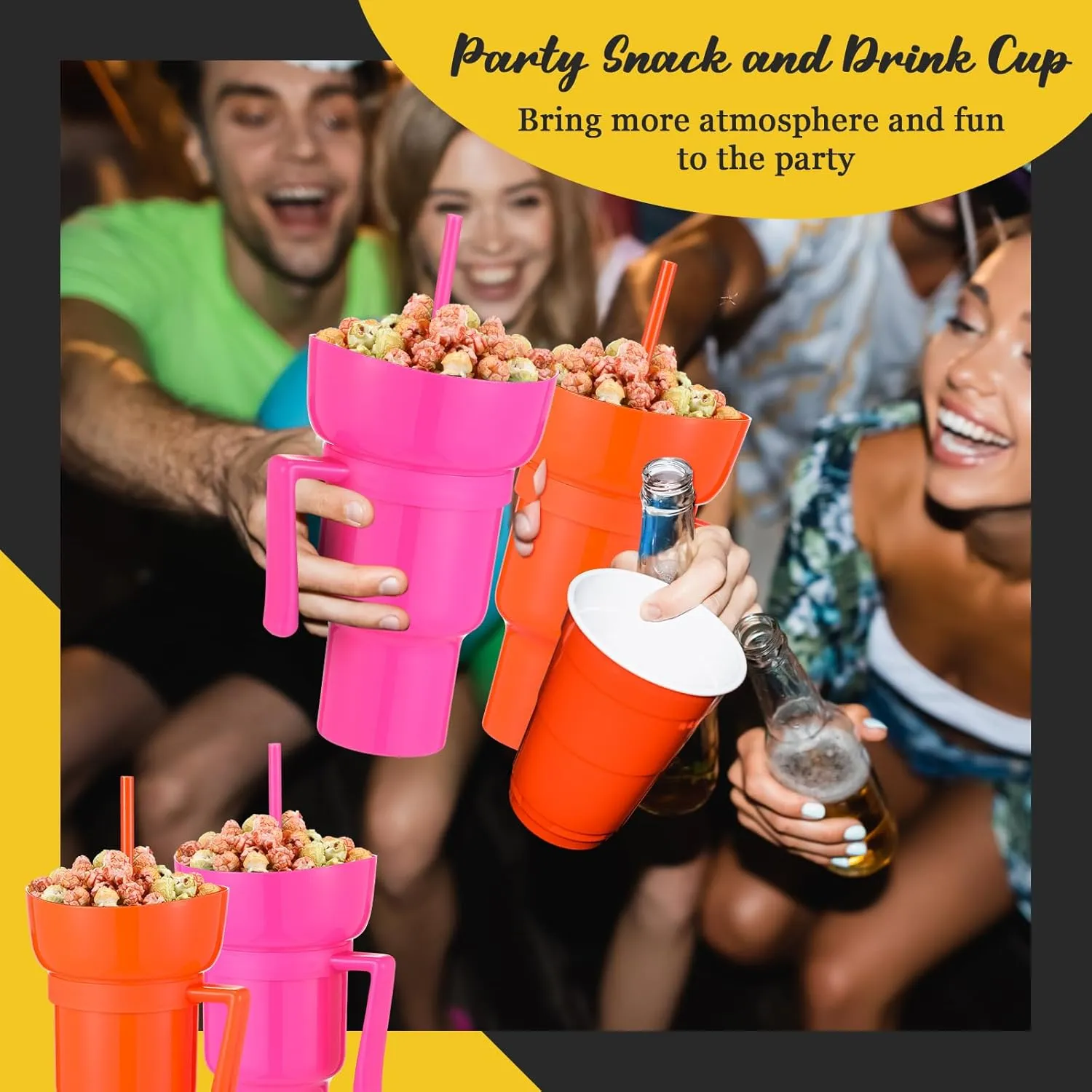Baderke 2 Pcs Snack and Drink Cup 32 oz Stadium Tumbler with Bowl 2 in 1 Travel Cup Leak Proof Portable Reusable Snack Tumbler with Bowl on Top and Straw (Rose Red,Orange)