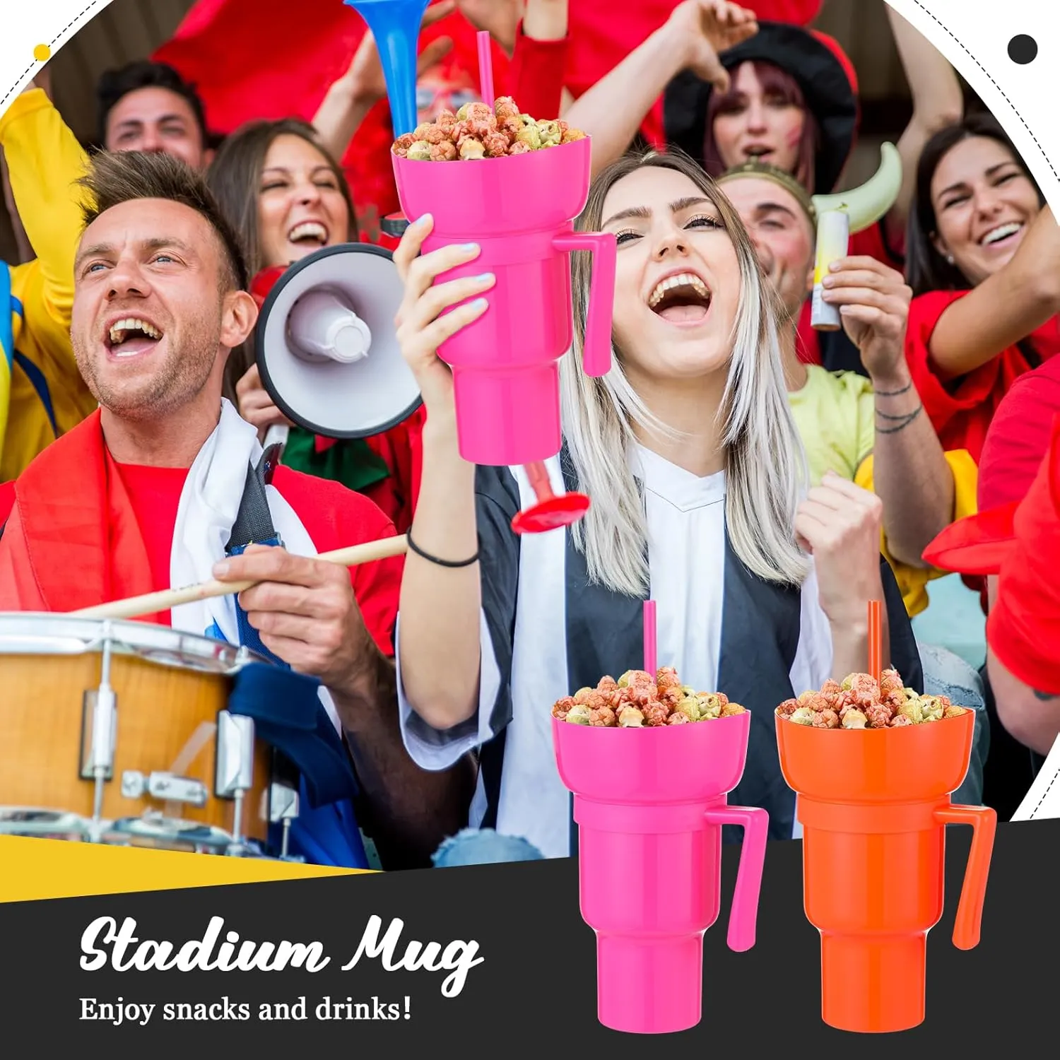 Baderke 2 Pcs Snack and Drink Cup 32 oz Stadium Tumbler with Bowl 2 in 1 Travel Cup Leak Proof Portable Reusable Snack Tumbler with Bowl on Top and Straw (Rose Red,Orange)