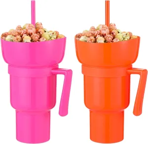 Baderke 2 Pcs Snack and Drink Cup 32 oz Stadium Tumbler with Bowl 2 in 1 Travel Cup Leak Proof Portable Reusable Snack Tumbler with Bowl on Top and Straw (Rose Red,Orange)