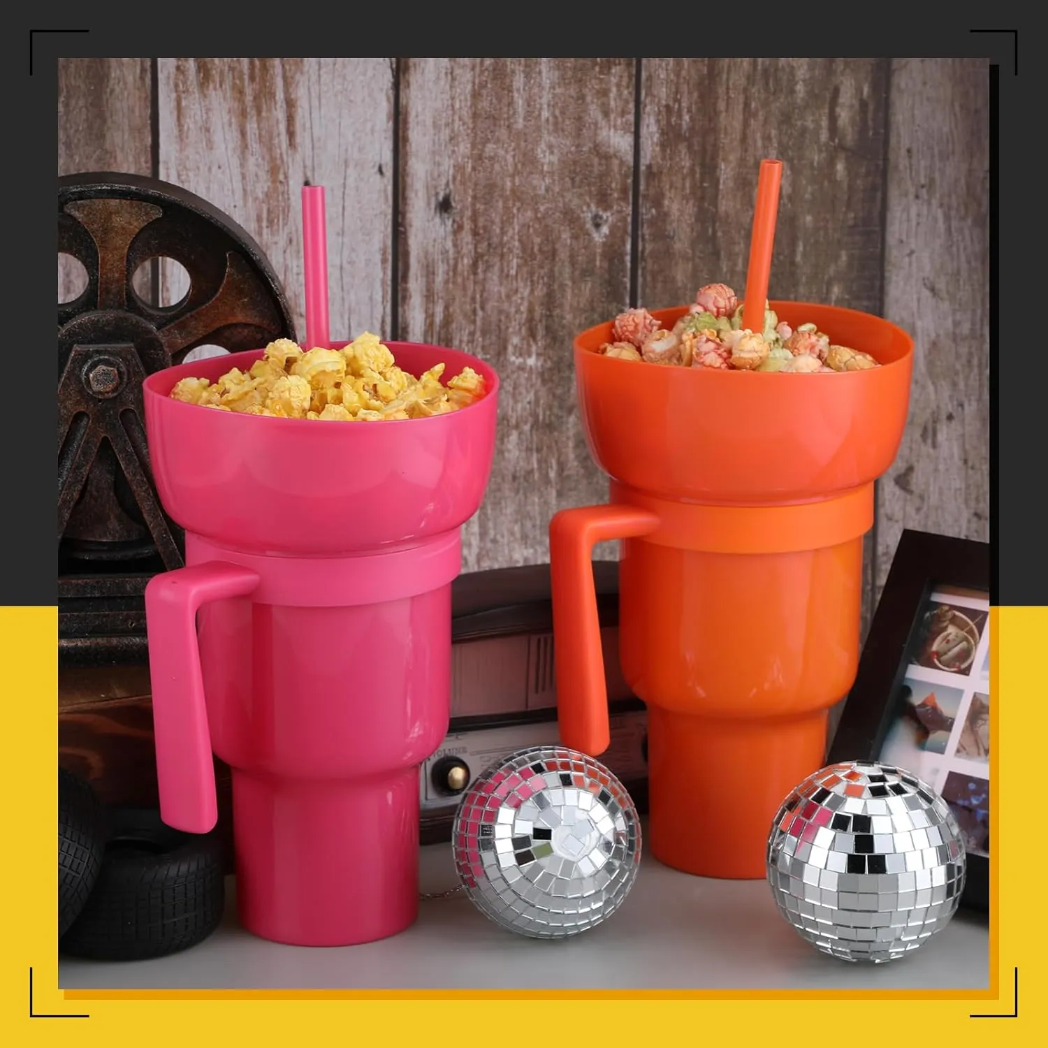 Baderke 2 Pcs Snack and Drink Cup 32 oz Stadium Tumbler with Bowl 2 in 1 Travel Cup Leak Proof Portable Reusable Snack Tumbler with Bowl on Top and Straw (Rose Red,Orange)