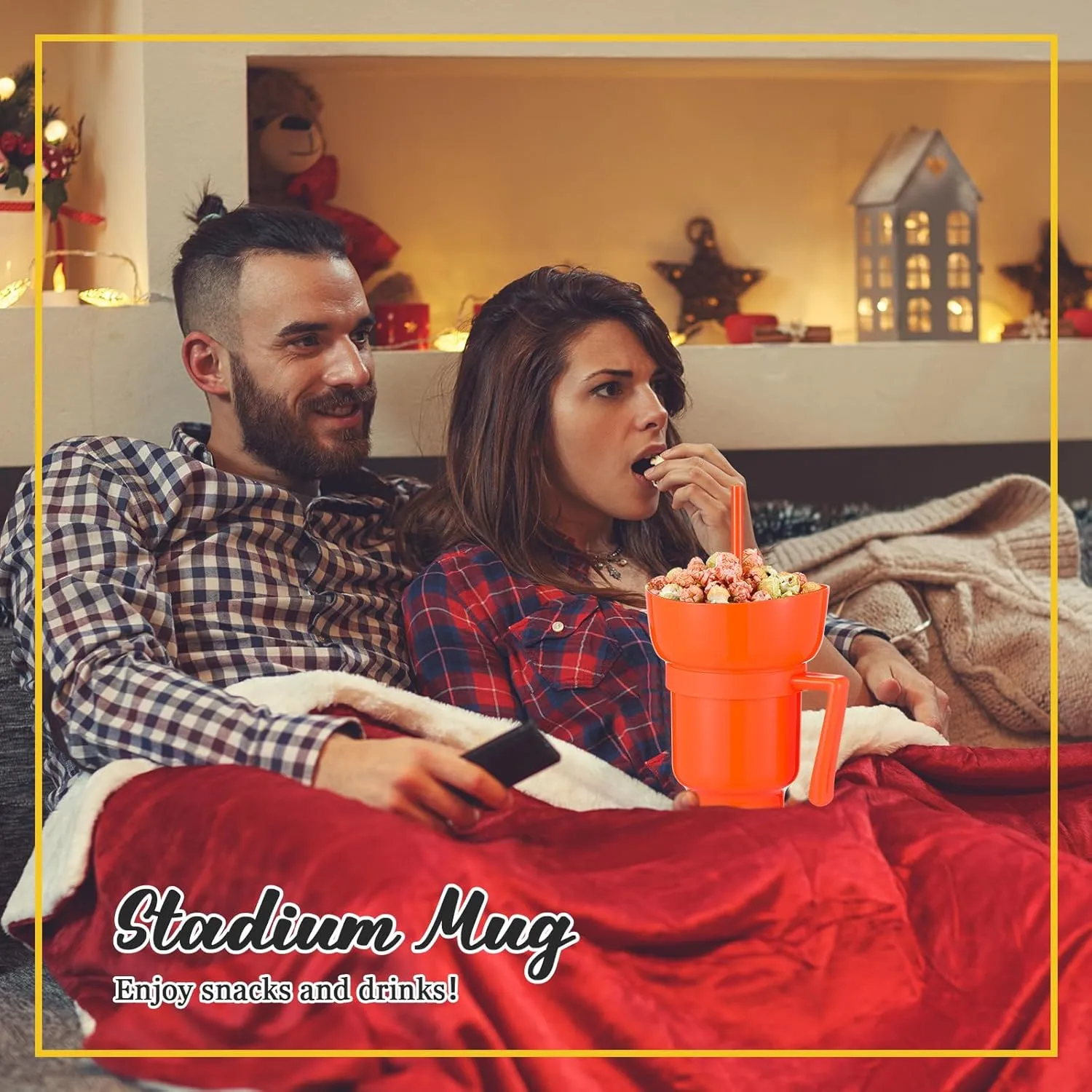 Baderke 2 Pcs Snack and Drink Cup 32 oz Stadium Tumbler with Bowl 2 in 1 Travel Cup Leak Proof Portable Reusable Snack Tumbler with Bowl on Top and Straw (Rose Red,Orange)