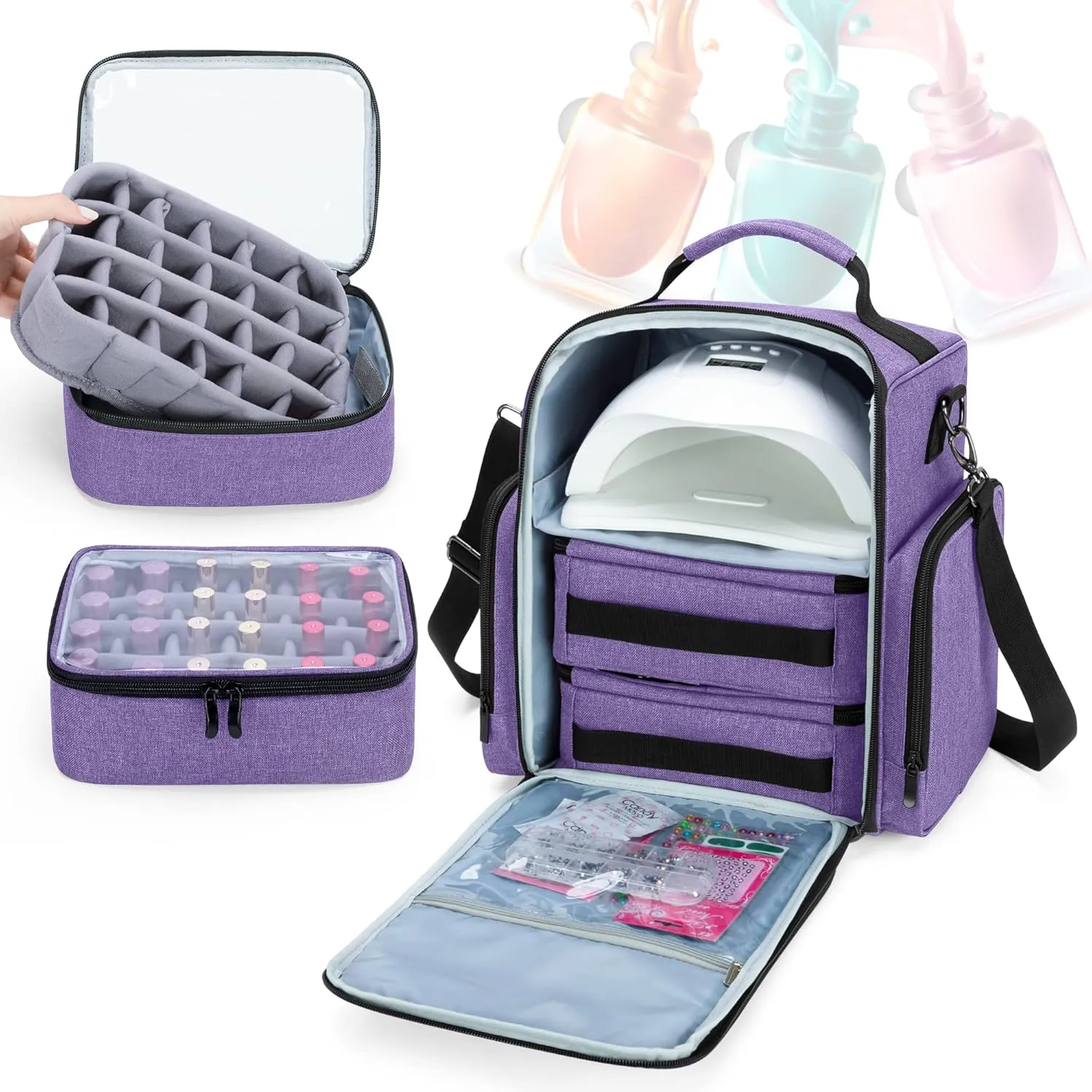 BAFASO Nail Polish Organizer Holds 48 Bottles (15ml - 0.5 fl.oz) and a Nail Lamp, Large Nail Polish Case with 2 Removable Pouches and Multiple Storage Sections (Patented Design), Purple