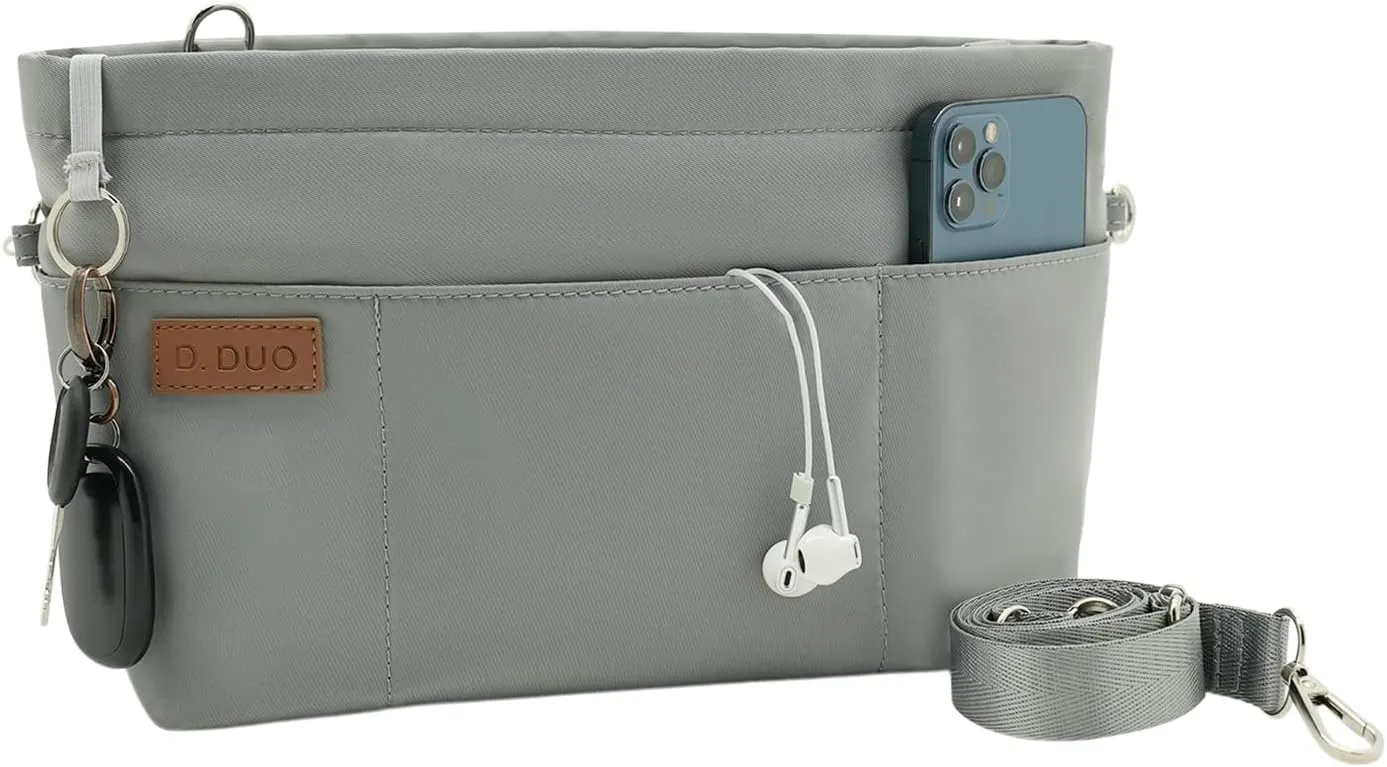 Bag Organizer Insert, Crossbody Bag, Tote Organizer Insert with Adjustable Bag Strap, Waterproof Nylon Purse Inserts (Gray, S)