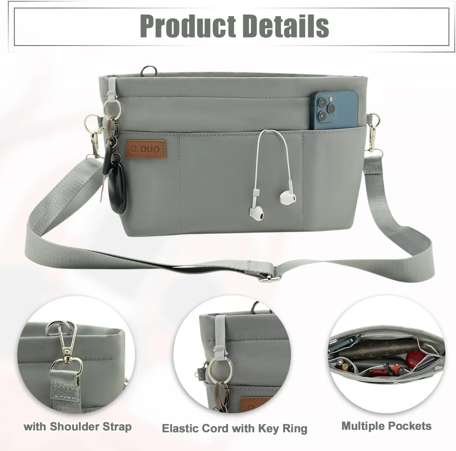 Bag Organizer Insert, Crossbody Bag, Tote Organizer Insert with Adjustable Bag Strap, Waterproof Nylon Purse Inserts (Gray, S)
