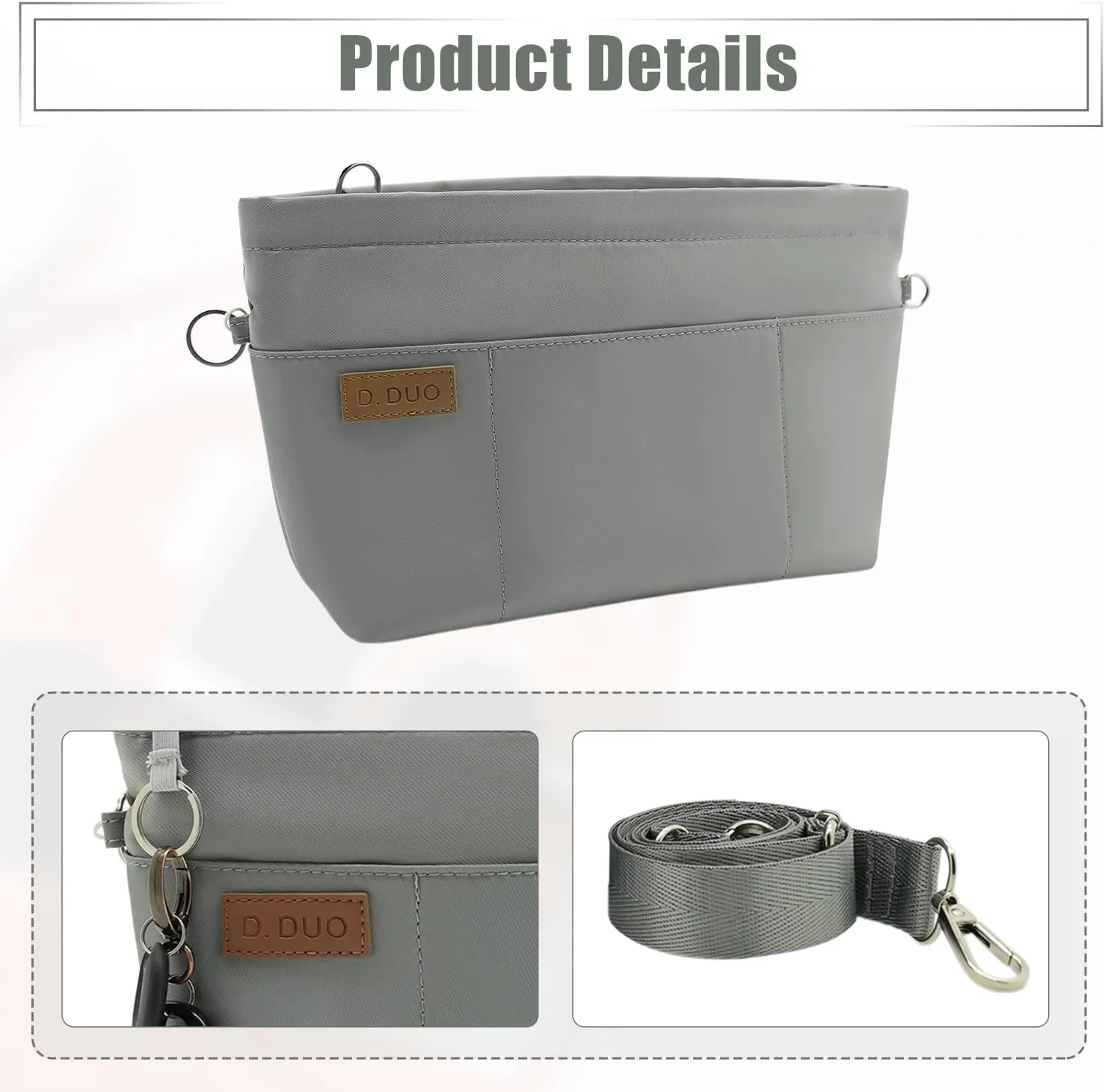 Bag Organizer Insert, Crossbody Bag, Tote Organizer Insert with Adjustable Bag Strap, Waterproof Nylon Purse Inserts (Gray, S)