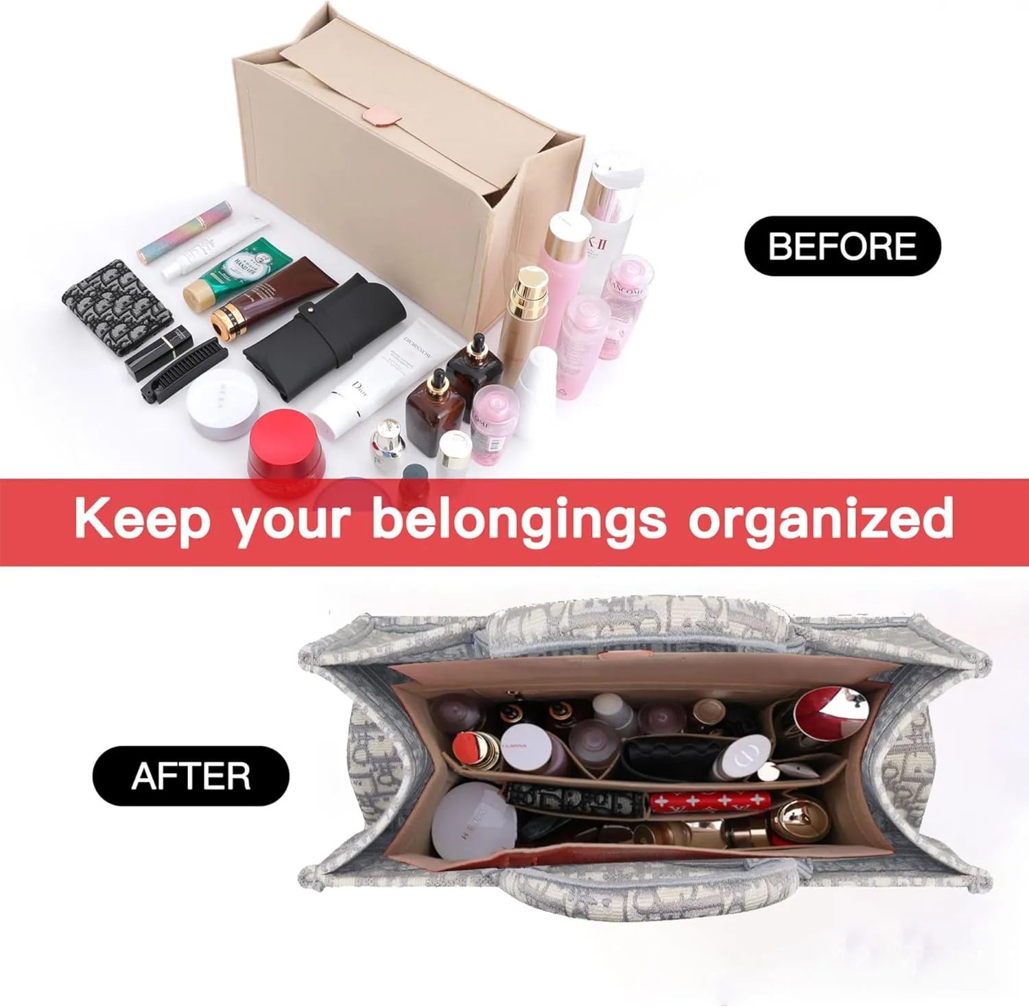 Bag Organizer Insert, Neverfull Organizer, Handbag Storage with Zipper Bag (Beige With Cover, XL)