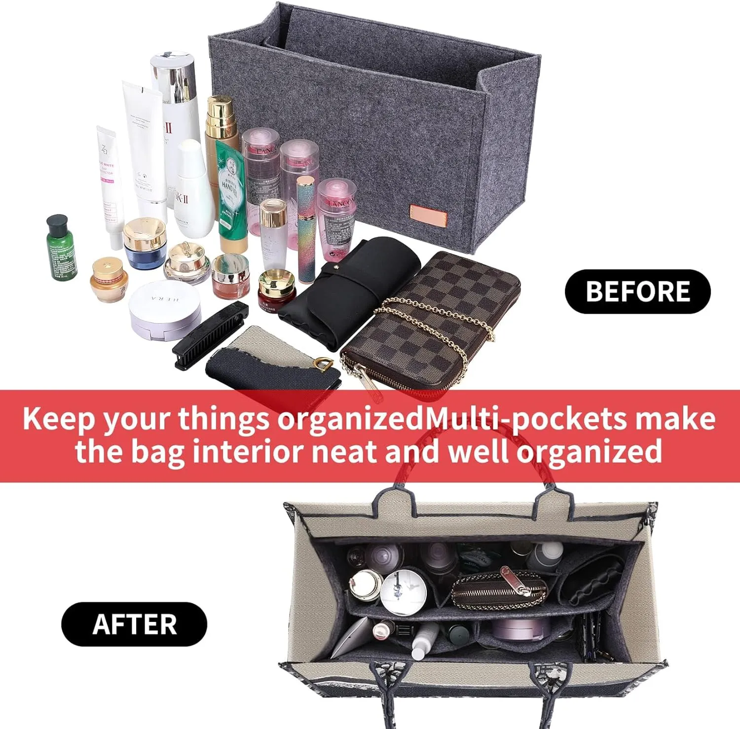Bag Organizer Insert,Tote Bag Insert For On The Go,Neverfull Organizer,Book tote Bag Insert Organizer,Handbag Storage,Tote Bag Felt Insert with Zipper Bag (Grey With Cover, L)