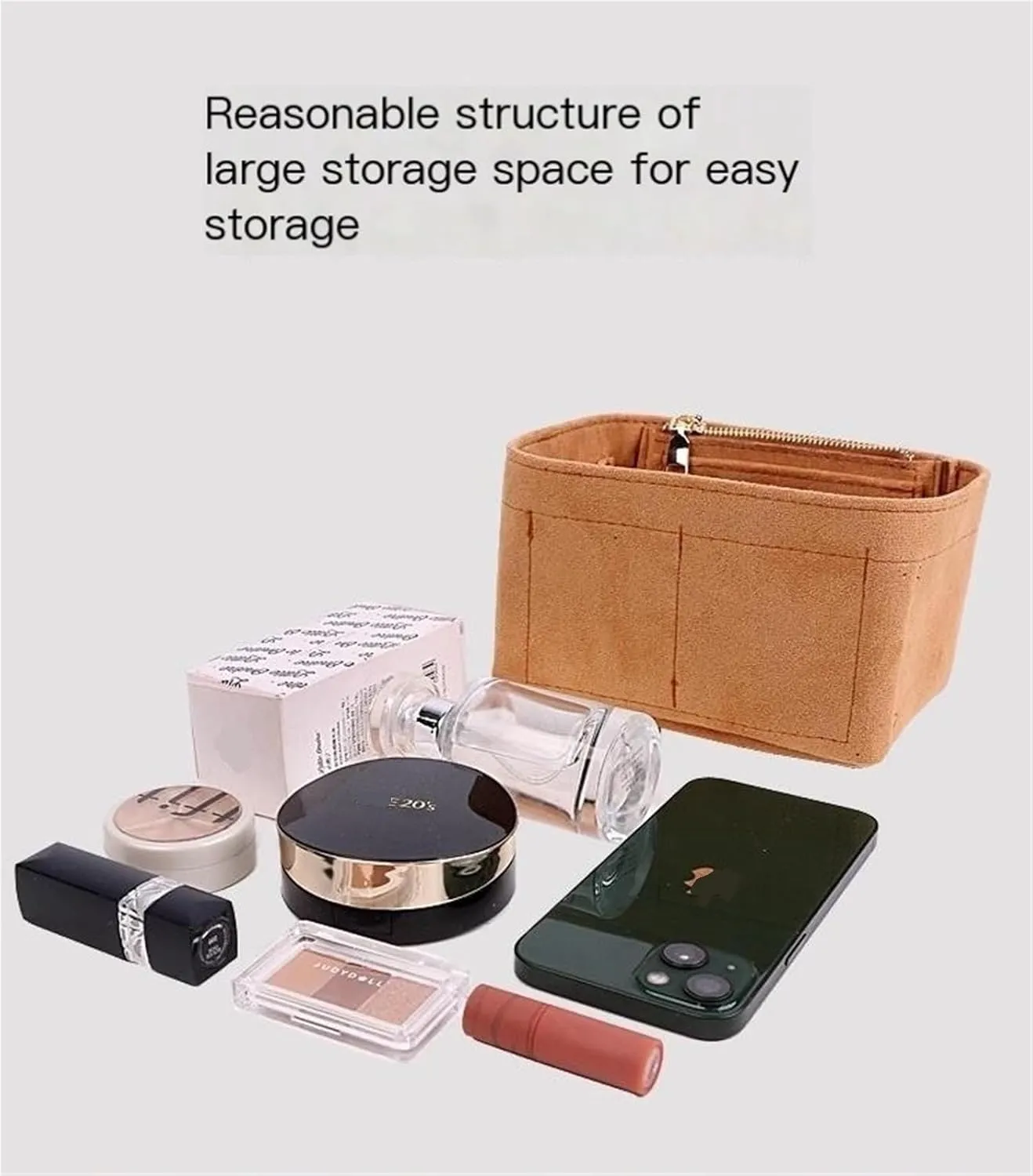 Bag Organizer Lined Storage Bag Bag Organizer Insert Portable Cosmetic Bag for Loewe(Brown B,S)