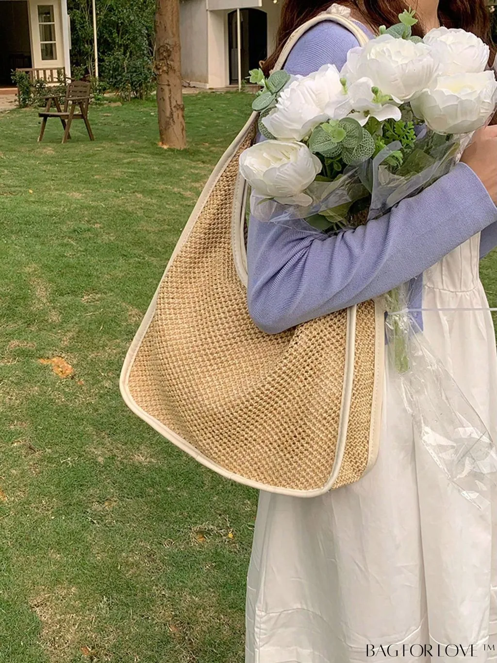 BagForLove - Medium Minimalist Straw Bag with Chic Contrast Binding - Perfect for Vacations