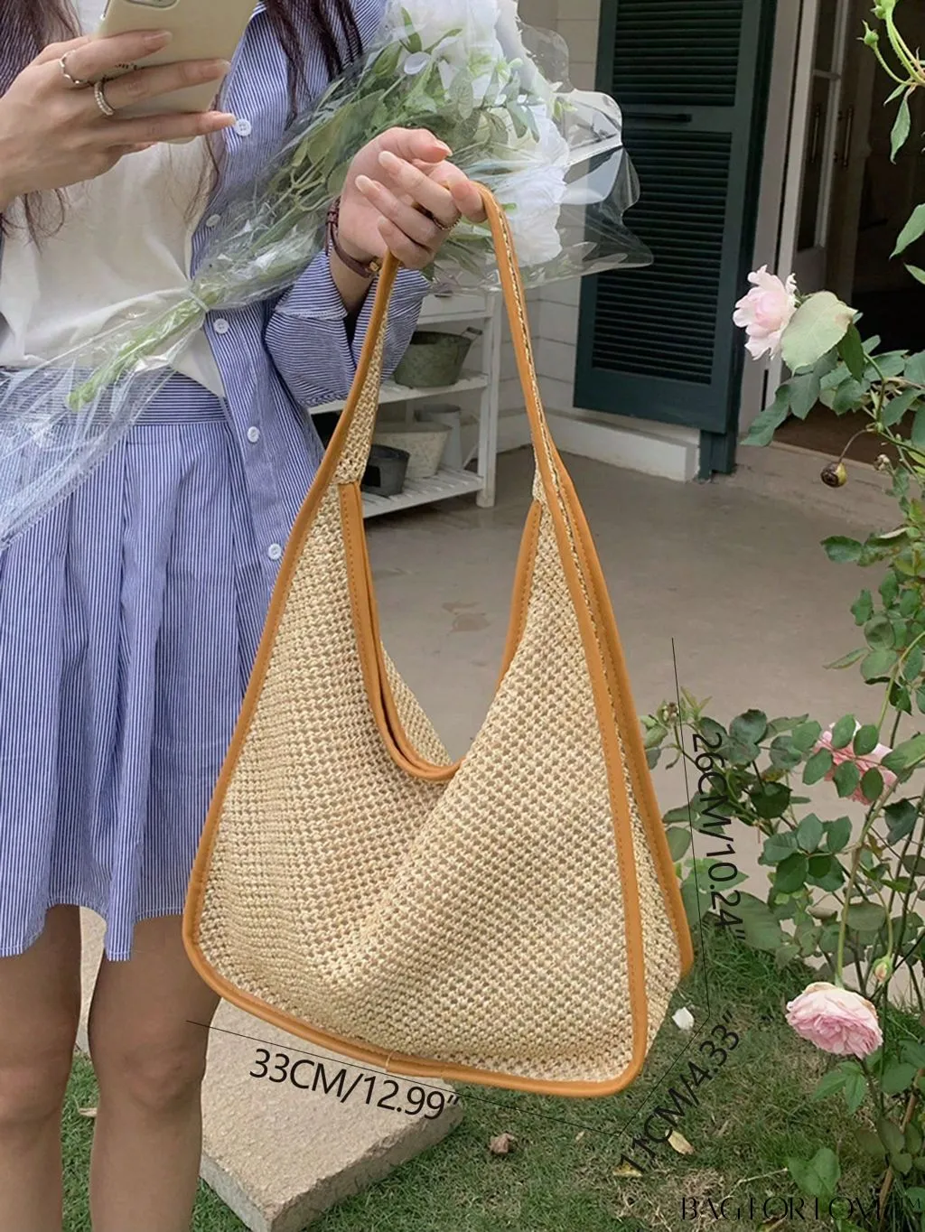 BagForLove - Medium Minimalist Straw Bag with Chic Contrast Binding - Perfect for Vacations