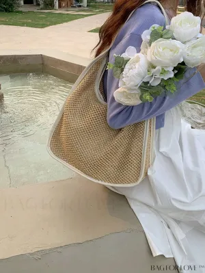 BagForLove - Medium Minimalist Straw Bag with Chic Contrast Binding - Perfect for Vacations