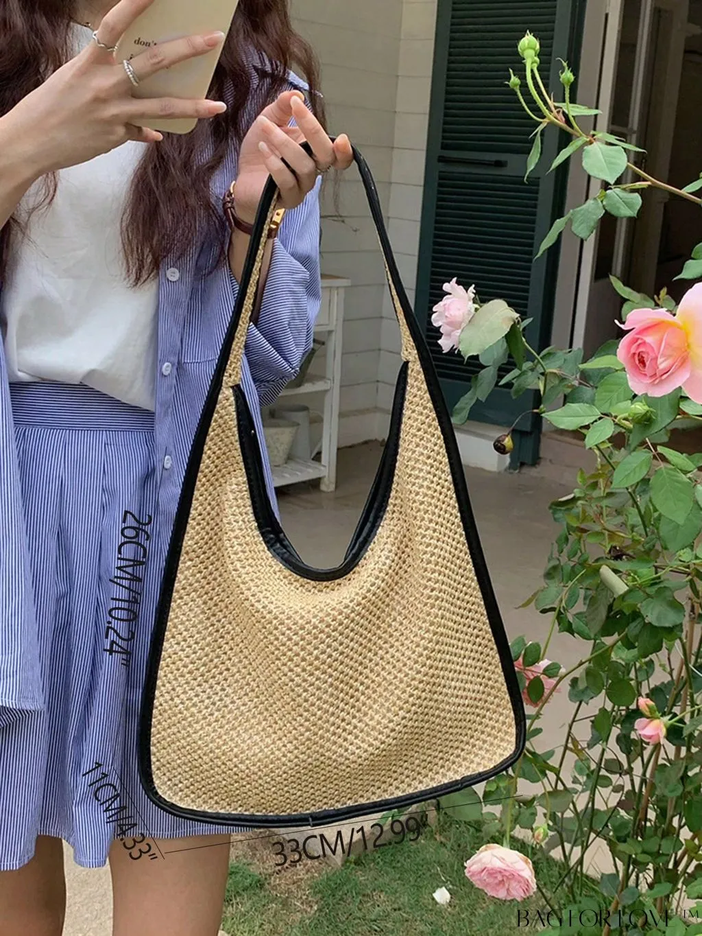 BagForLove - Medium Minimalist Straw Bag with Chic Contrast Binding - Perfect for Vacations