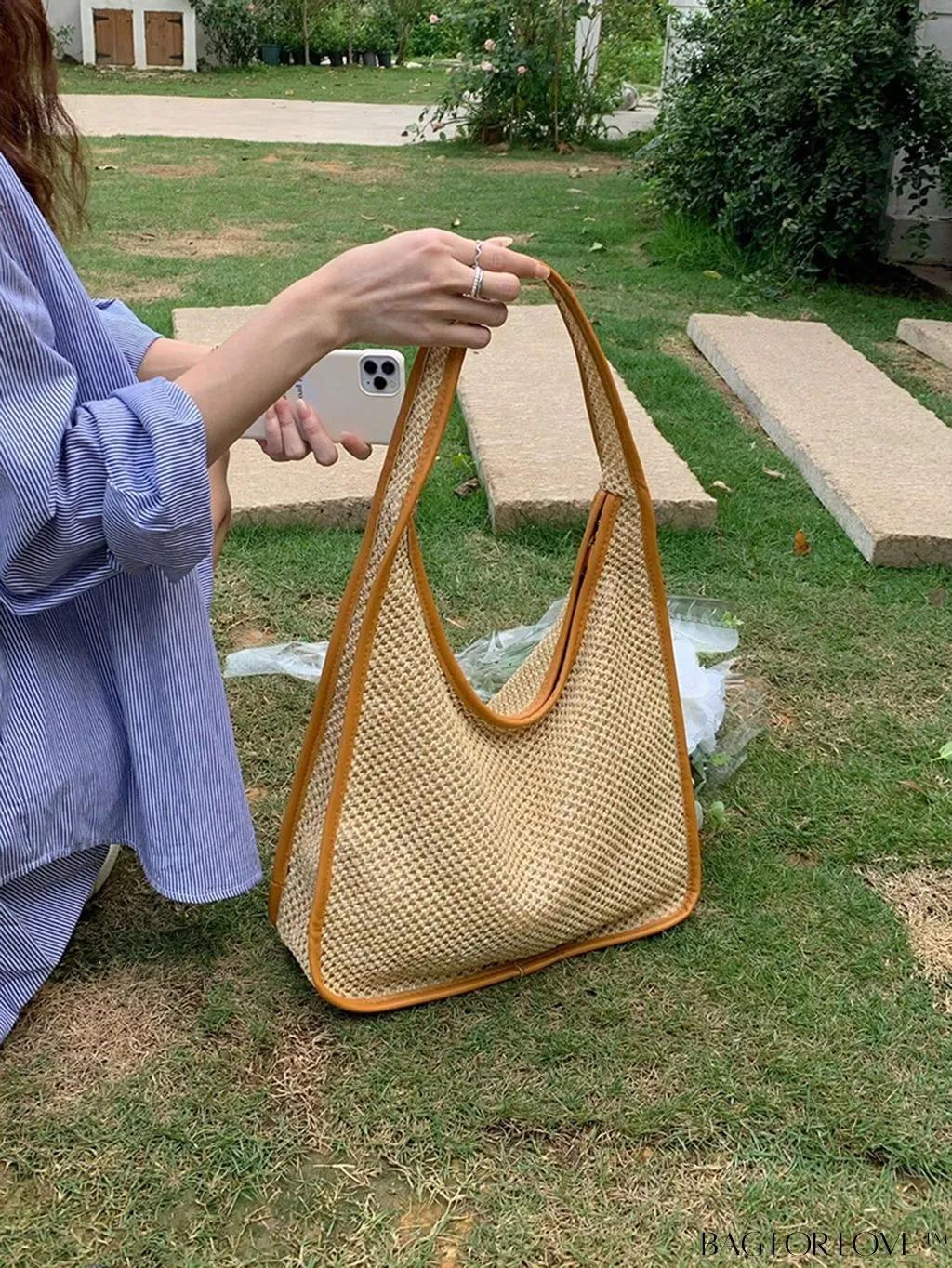 BagForLove - Medium Minimalist Straw Bag with Chic Contrast Binding - Perfect for Vacations