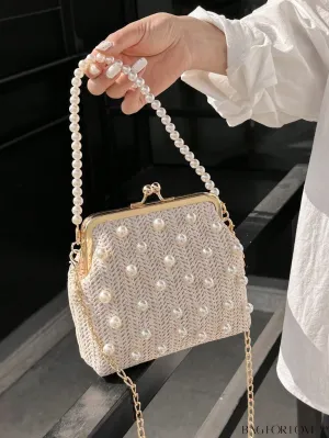 BagForLove - Small Vacation Straw Bag with Faux Pearl Bead Embellishments