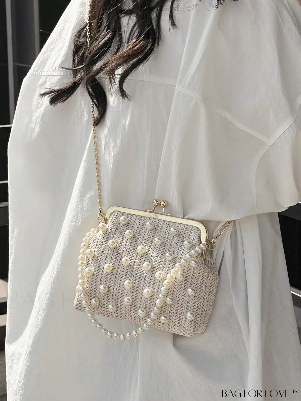 BagForLove - Small Vacation Straw Bag with Faux Pearl Bead Embellishments
