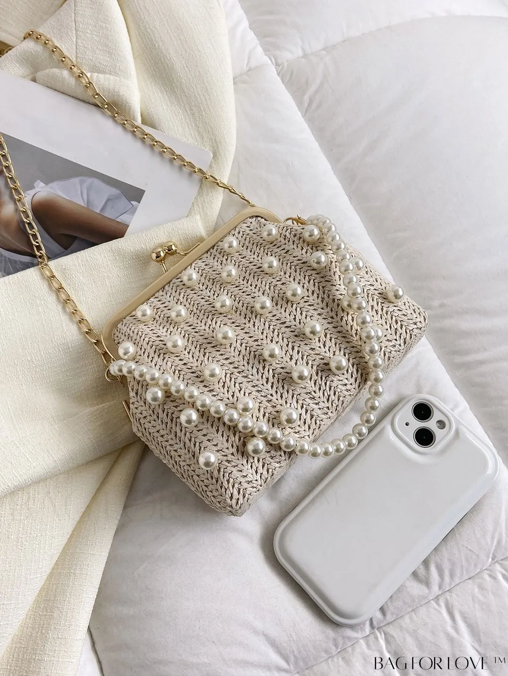 BagForLove - Small Vacation Straw Bag with Faux Pearl Bead Embellishments
