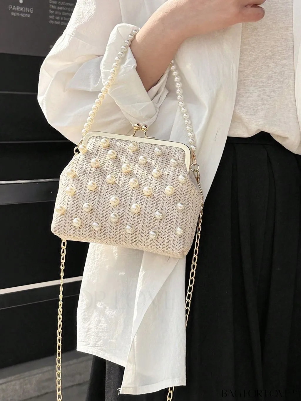 BagForLove - Small Vacation Straw Bag with Faux Pearl Bead Embellishments