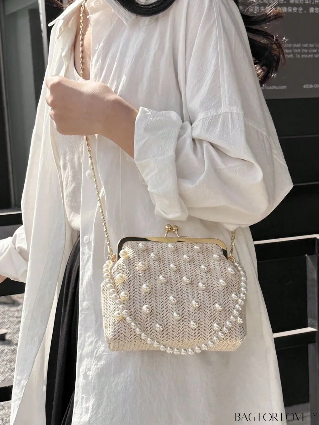 BagForLove - Small Vacation Straw Bag with Faux Pearl Bead Embellishments