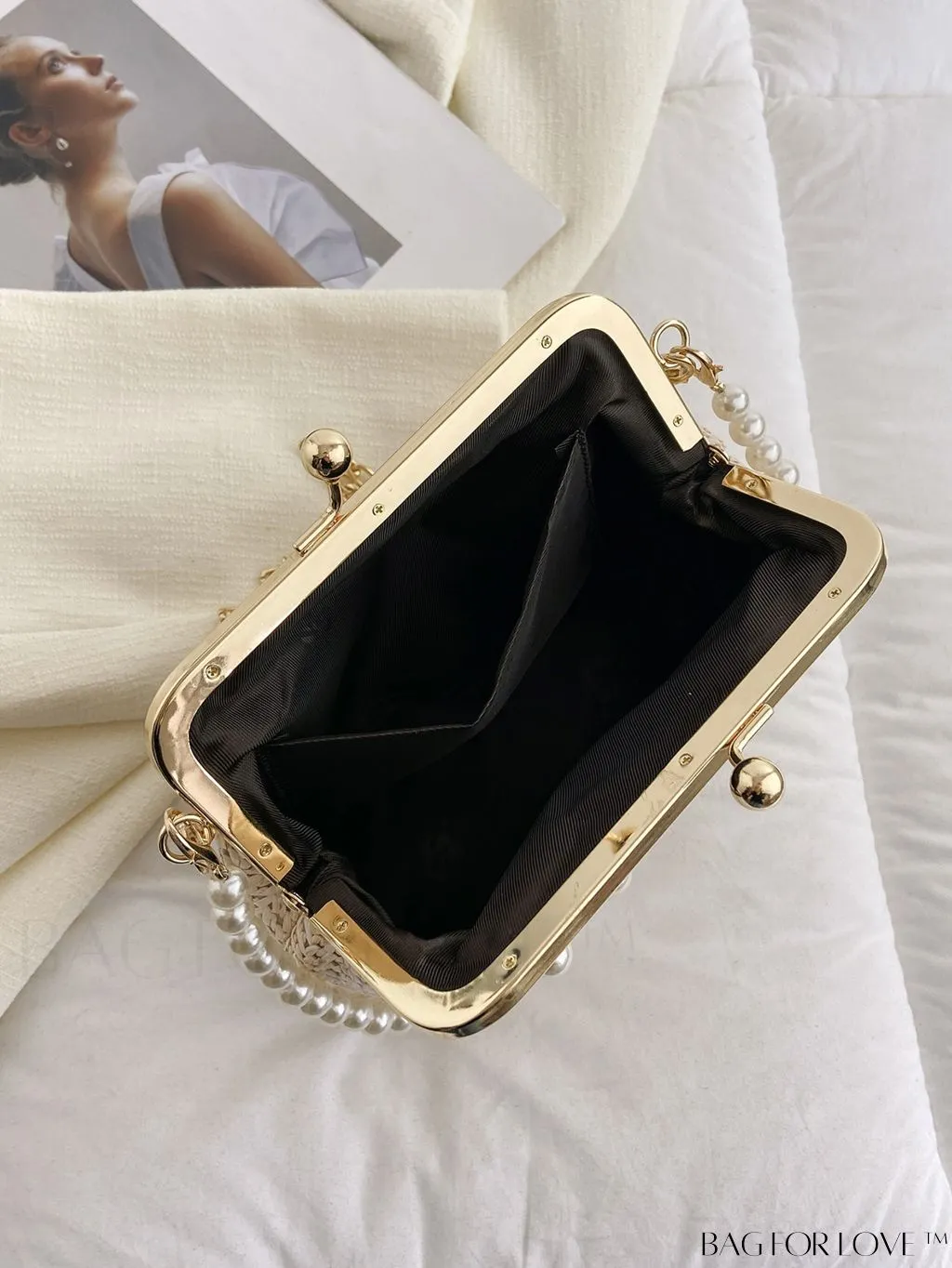 BagForLove - Small Vacation Straw Bag with Faux Pearl Bead Embellishments