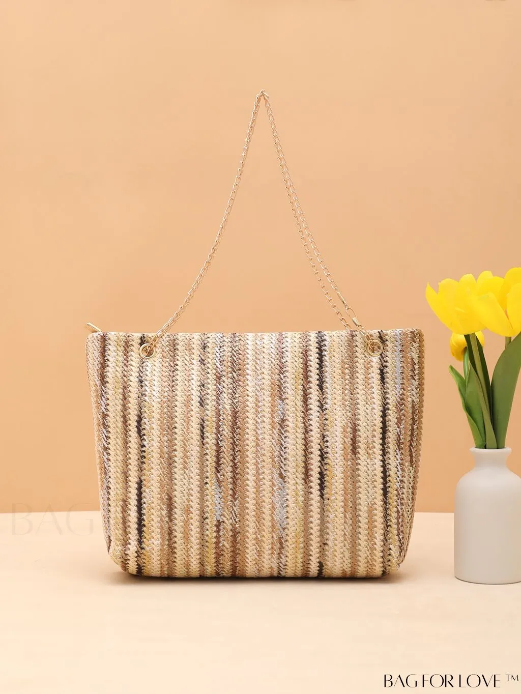 BagForLove - Stylish Colorblock Straw Bag with Metal Detail Chain - Ideal for Summer Beach Travel