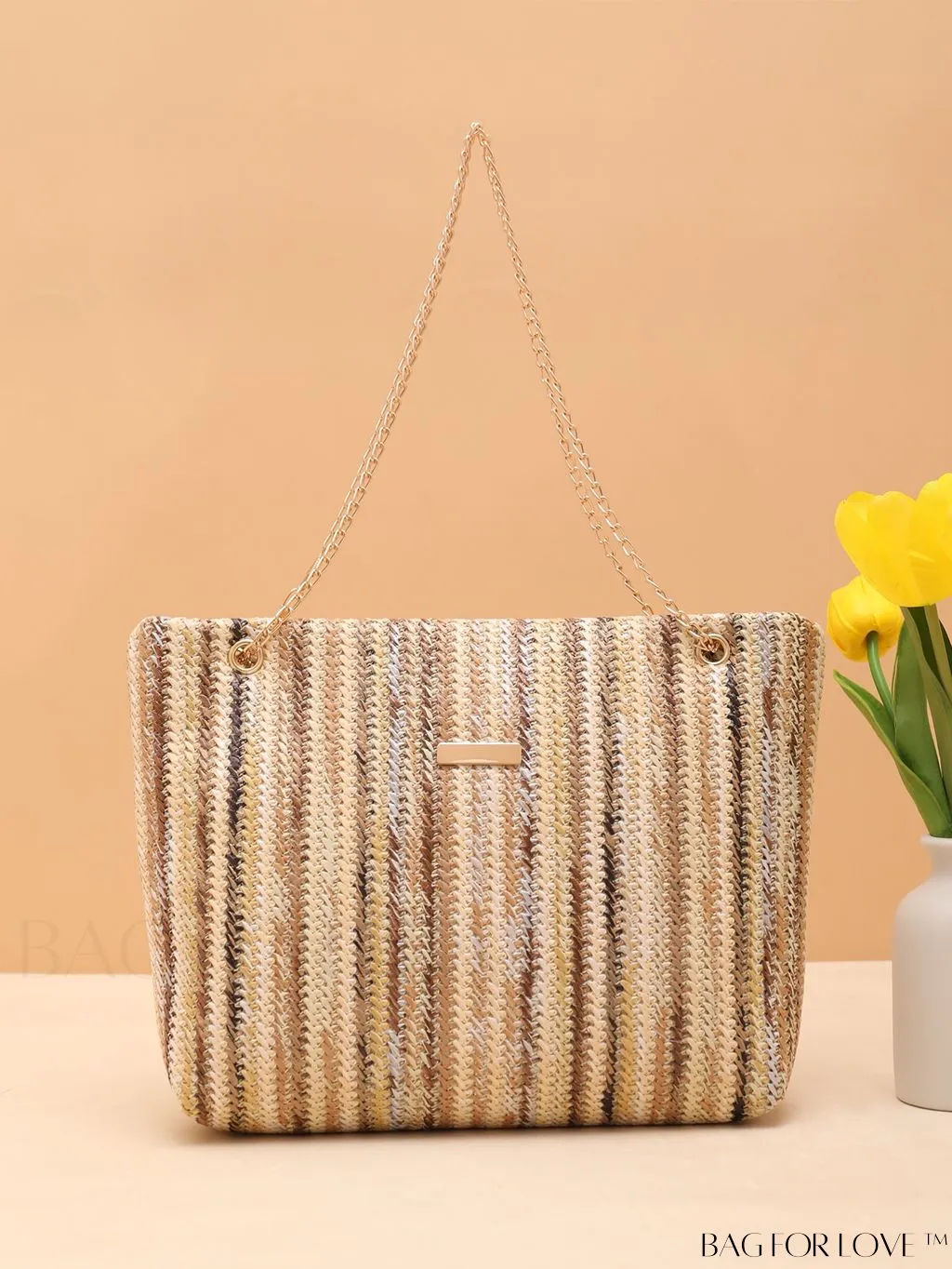 BagForLove - Stylish Colorblock Straw Bag with Metal Detail Chain - Ideal for Summer Beach Travel