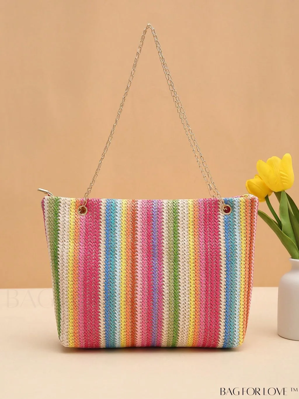 BagForLove - Stylish Colorblock Straw Bag with Metal Detail Chain - Ideal for Summer Beach Travel