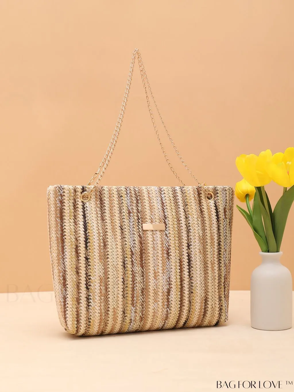 BagForLove - Stylish Colorblock Straw Bag with Metal Detail Chain - Ideal for Summer Beach Travel
