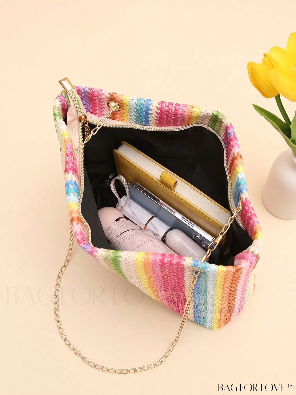 BagForLove - Stylish Colorblock Straw Bag with Metal Detail Chain - Ideal for Summer Beach Travel