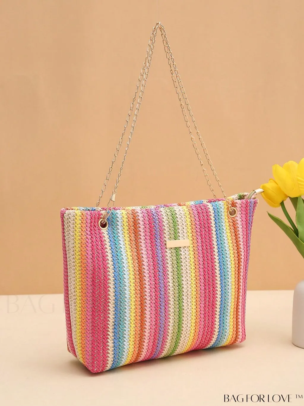 BagForLove - Stylish Colorblock Straw Bag with Metal Detail Chain - Ideal for Summer Beach Travel