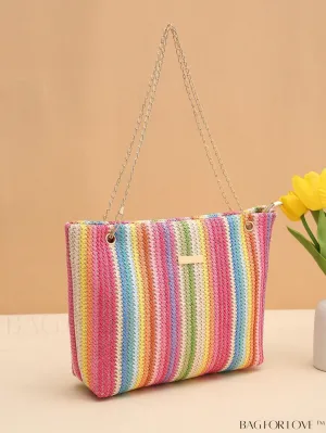 BagForLove - Stylish Colorblock Straw Bag with Metal Detail Chain - Ideal for Summer Beach Travel