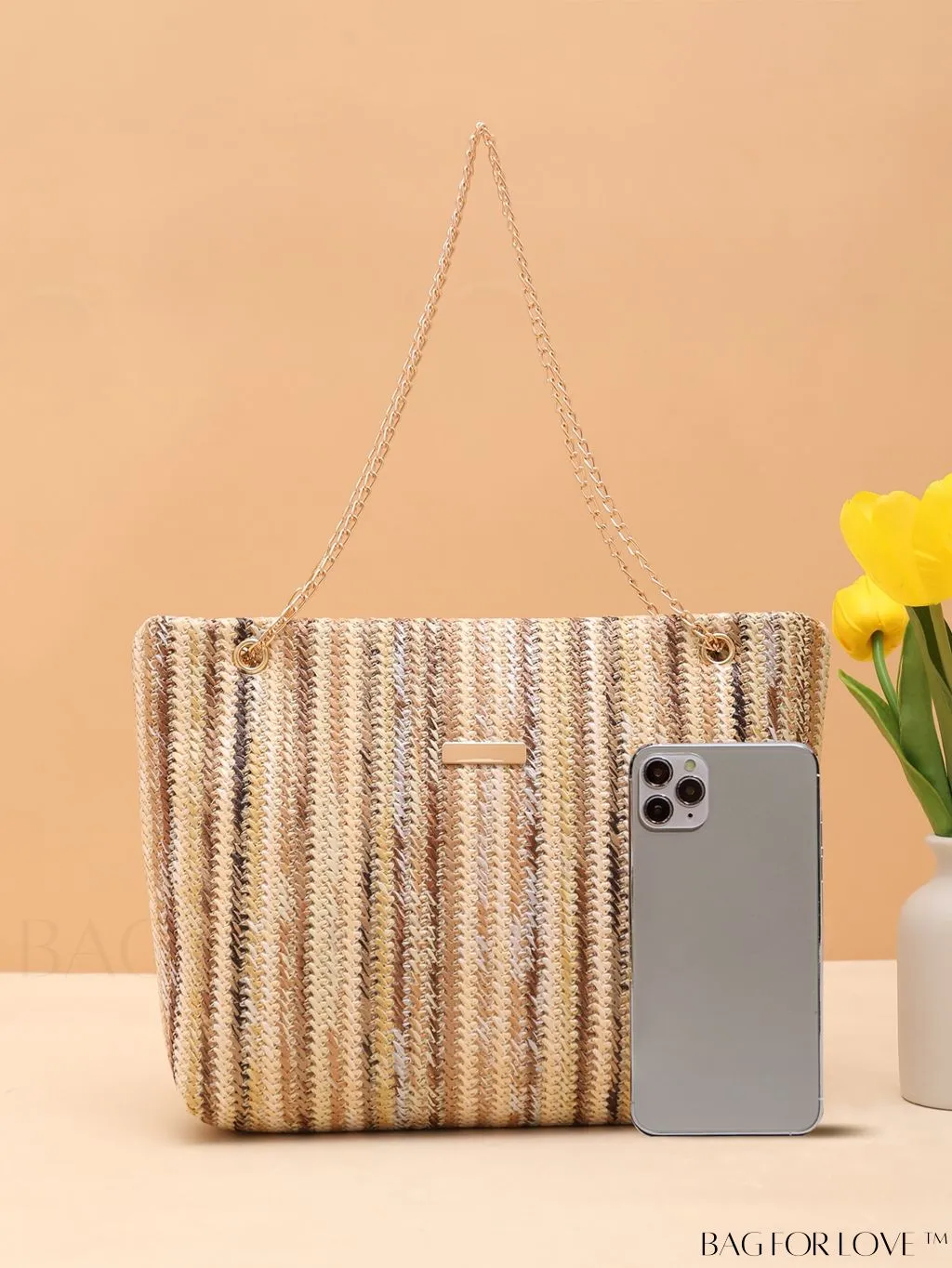 BagForLove - Stylish Colorblock Straw Bag with Metal Detail Chain - Ideal for Summer Beach Travel