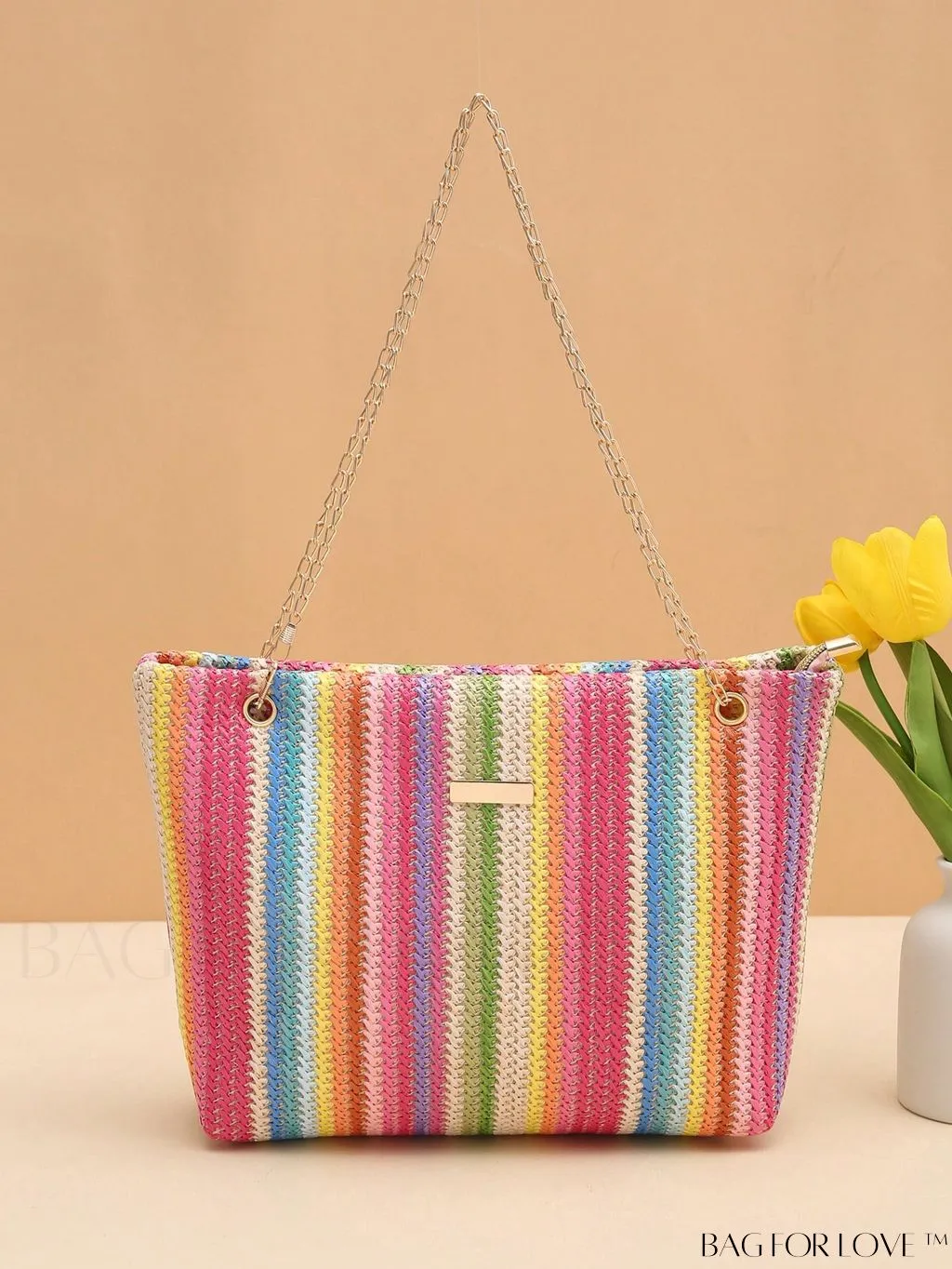 BagForLove - Stylish Colorblock Straw Bag with Metal Detail Chain - Ideal for Summer Beach Travel